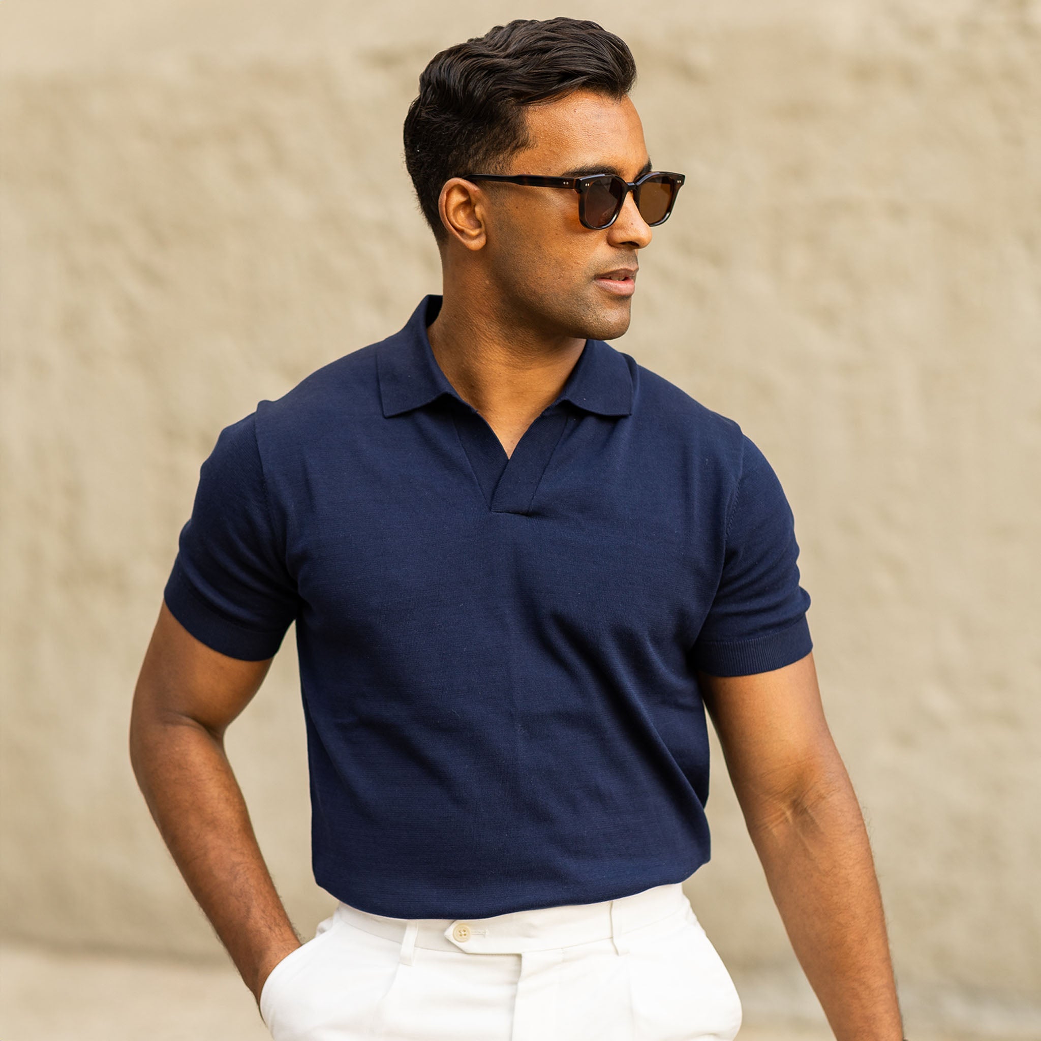 The Maranello Mid-Weight Cotton & Silk Polo Navy - Buttonless