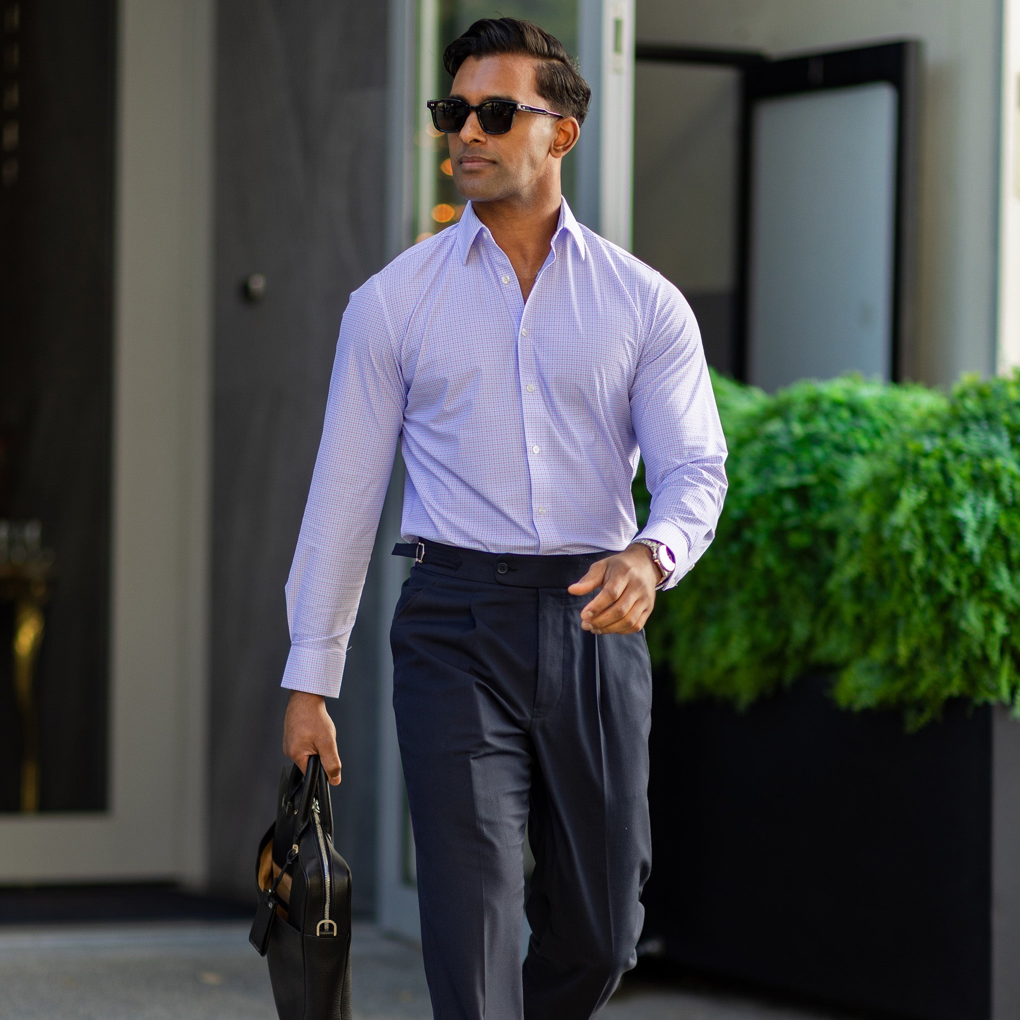 Apex Performance Dress Shirt Semi-Spread Collar Lavender and Blue Multi Gingham