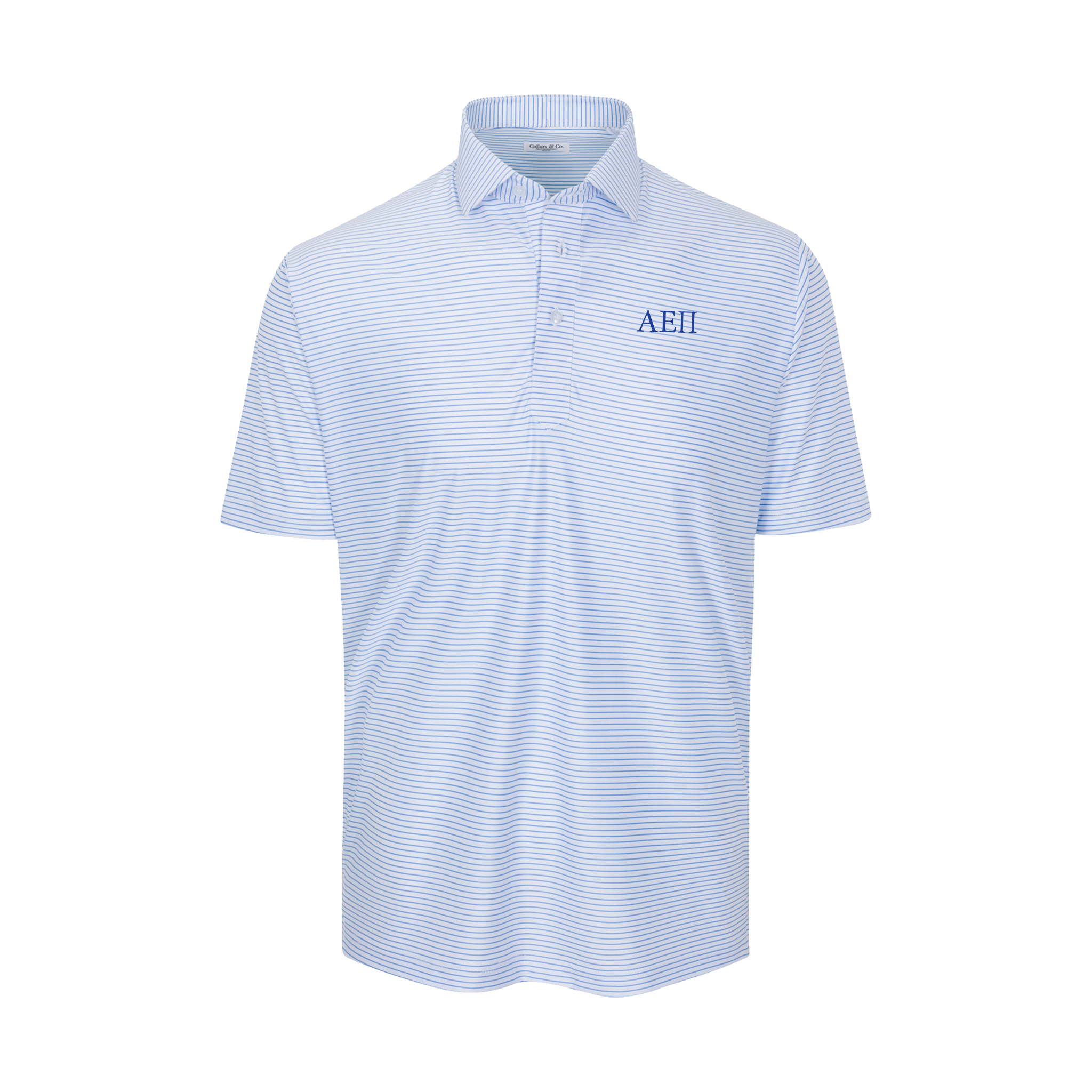 Collars & Co. Alpha Epsilon Pi Featherweight Flex Polo Camden White with Blue Stripe