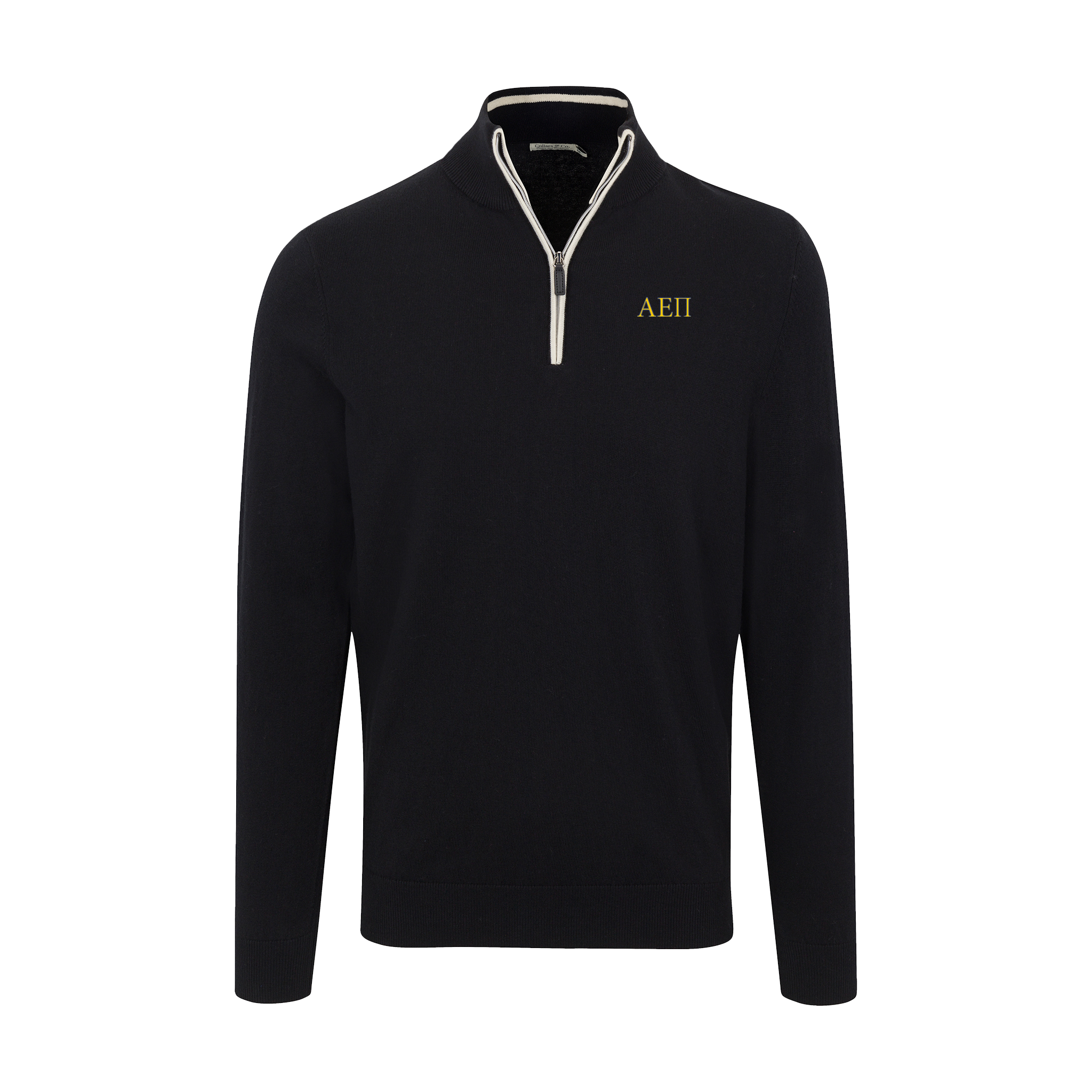 Collars & Co. Alpha Epsilon Pi Black with White Trim Luxury Touch Cotton and Cashmere Quarter Zip Sweater