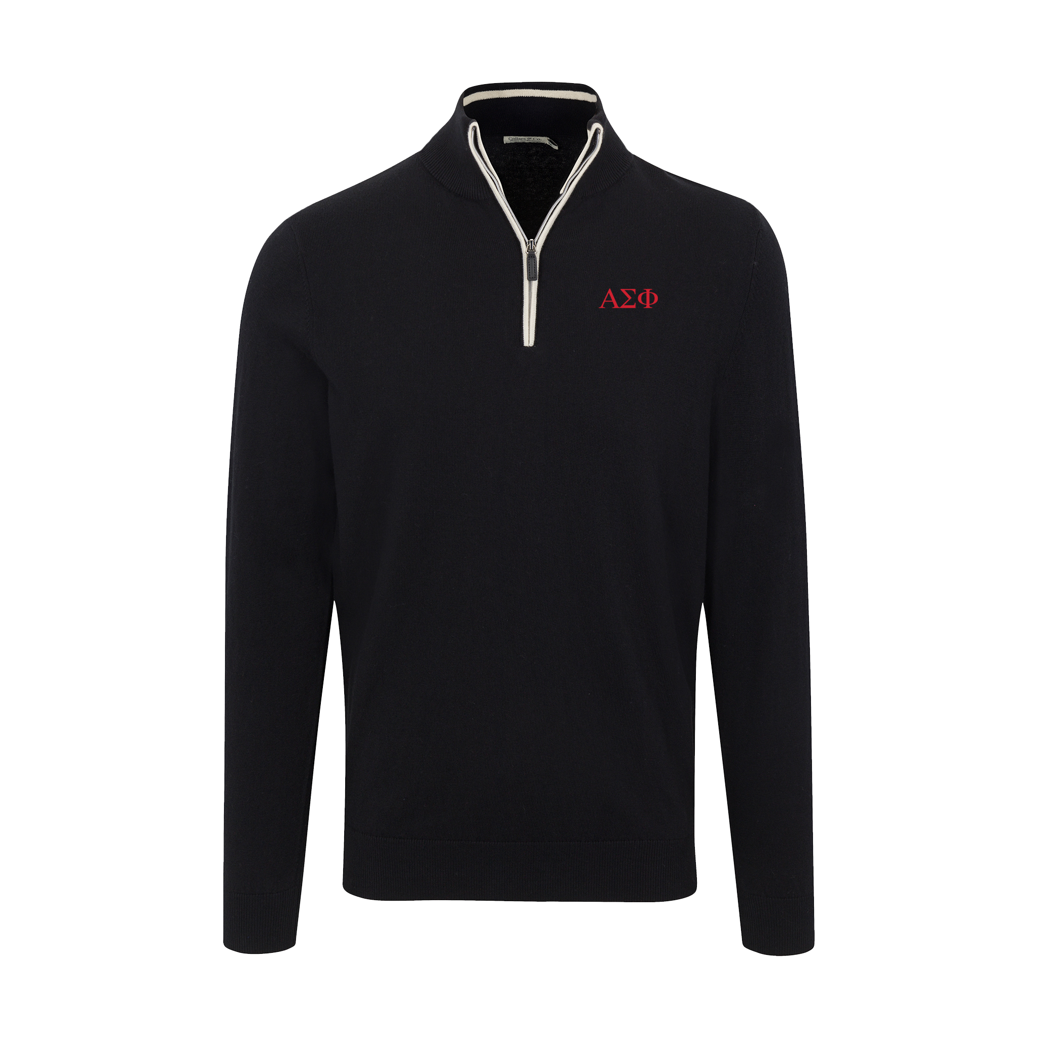 Collars & Co. Alpha Sigma Phi Black with White Trim Luxury Touch Cotton and Cashmere Quarter Zip Sweater