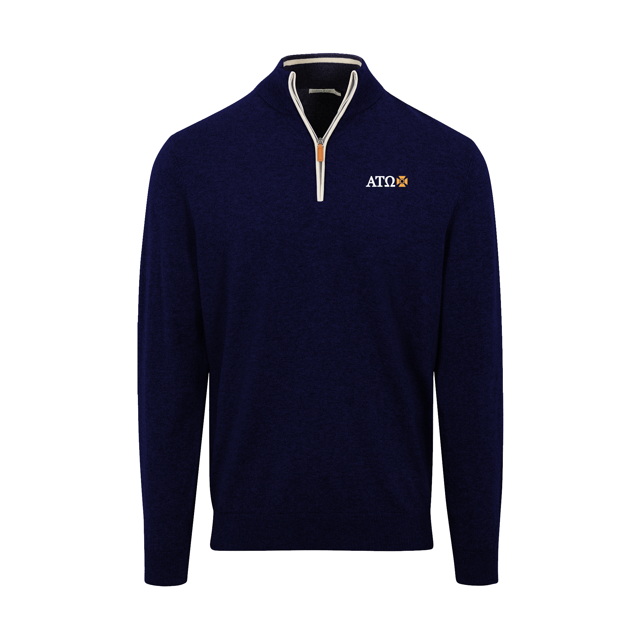 Collars & Co. Alpha Tau Omega Navy with White Trim Luxury Touch Cotton and Cashmere Quarter Zip Sweater