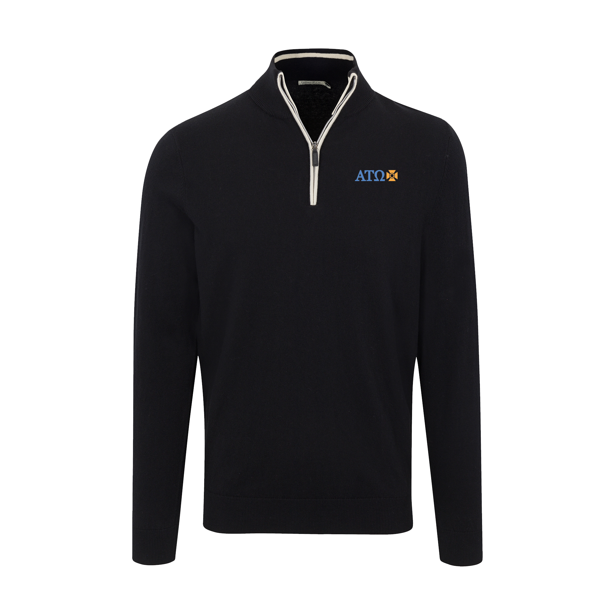 Collars & Co. Alpha Tau Omega Black with White Trim Luxury Touch Cotton and Cashmere Quarter Zip Sweater