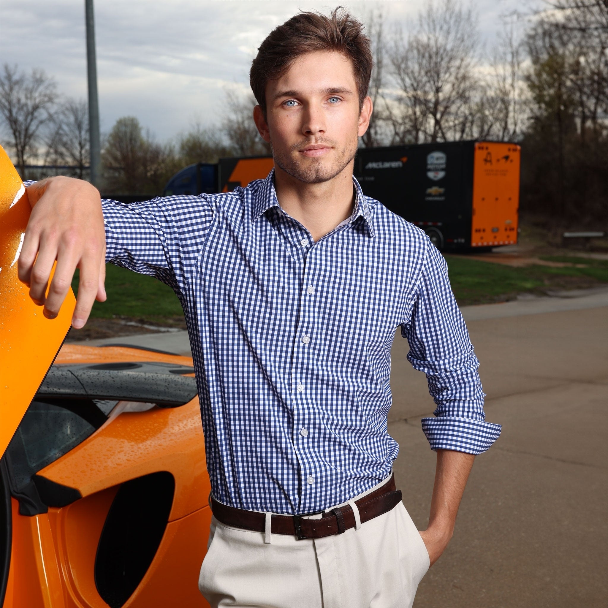 Apex Performance Dress Shirt Semi-Spread Collar Navy Gingham