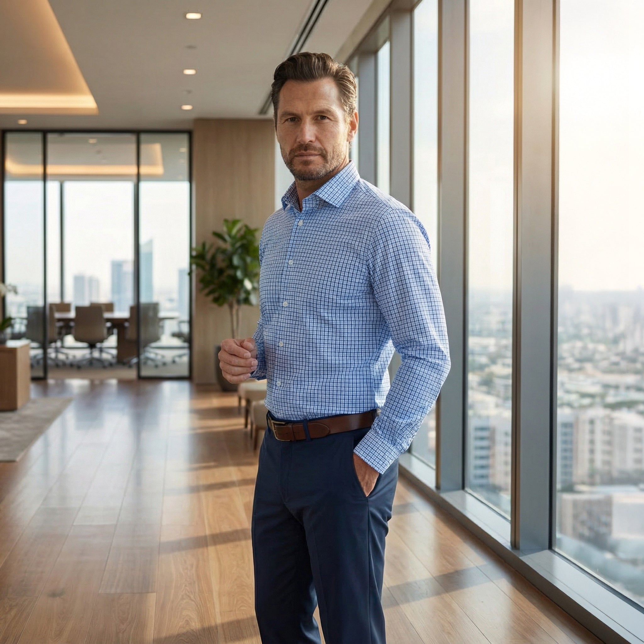 Apex Performance Dress Shirt Semi-Spread Collar Vincento Blue Tattersall