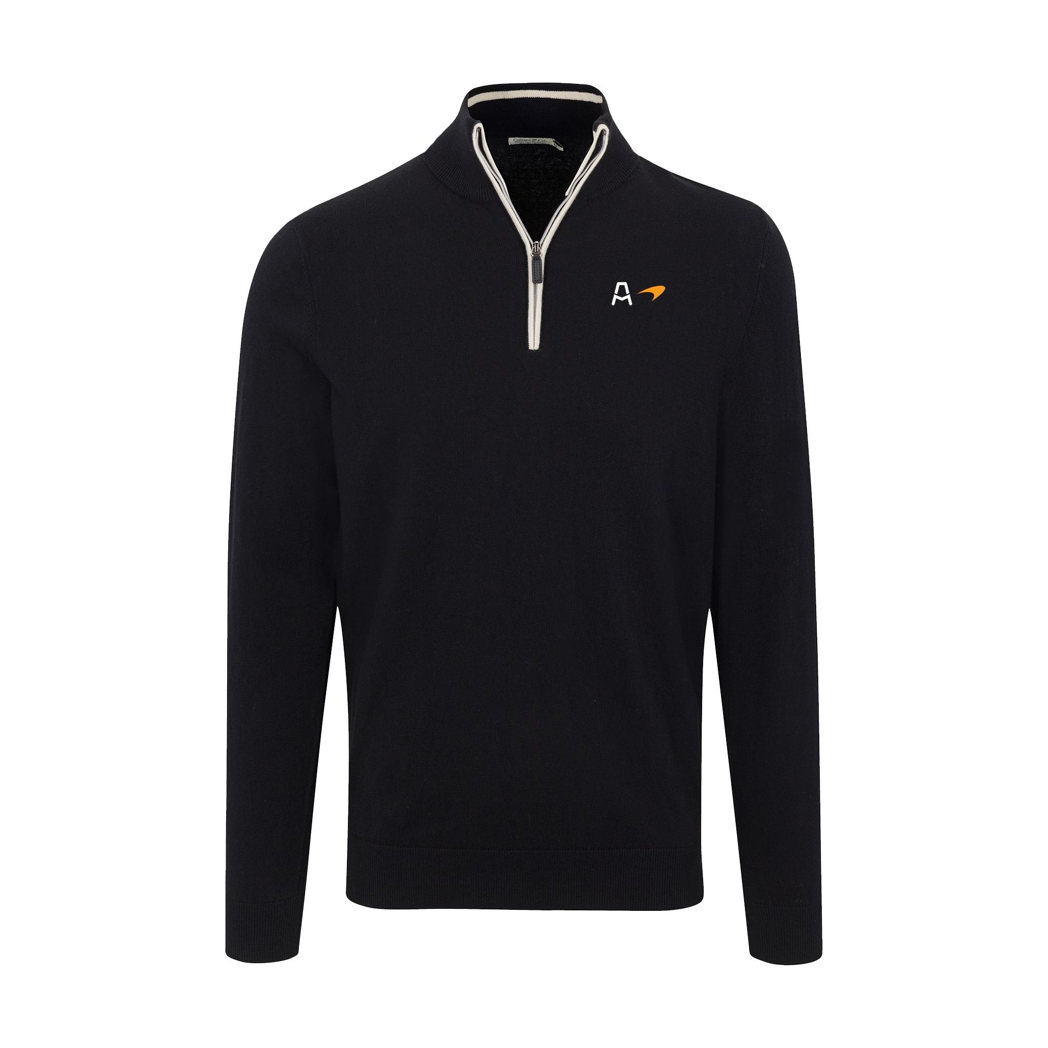 Arrow McLaren Black with White Trim Luxury Touch Cotton and Cashmere Quarter Zip Sweater