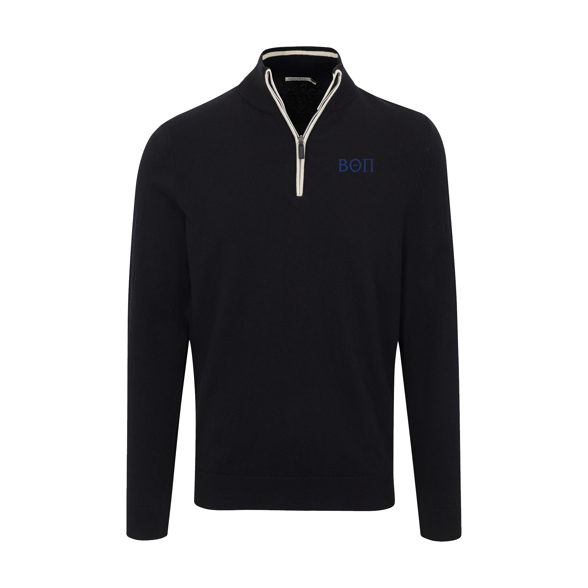 Collars & Co. Beta Theta Pi Black with White Trim Luxury Touch Cotton and Cashmere Quarter Zip Sweater