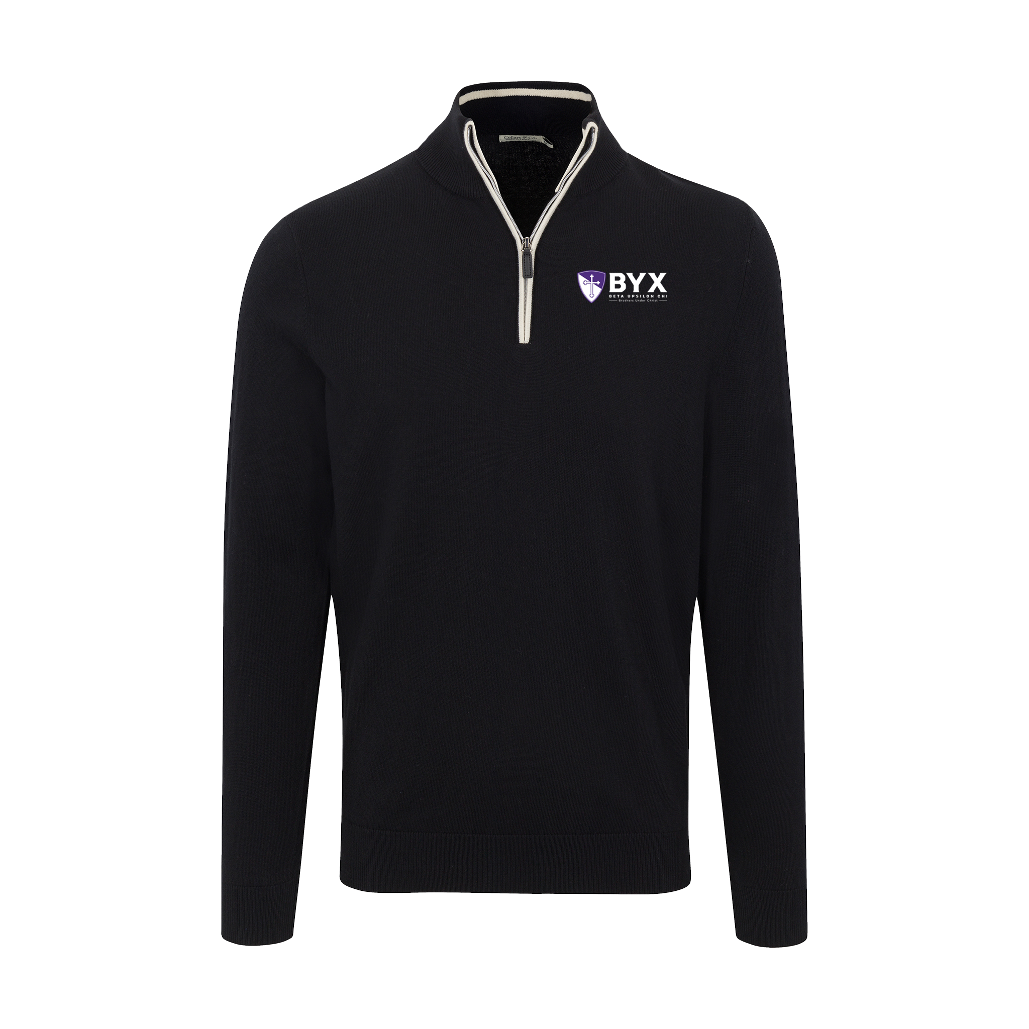 Collars & Co. Beta Upsilon Chi Black with White Trim Luxury Touch Cotton and Cashmere Quarter Zip Sweater