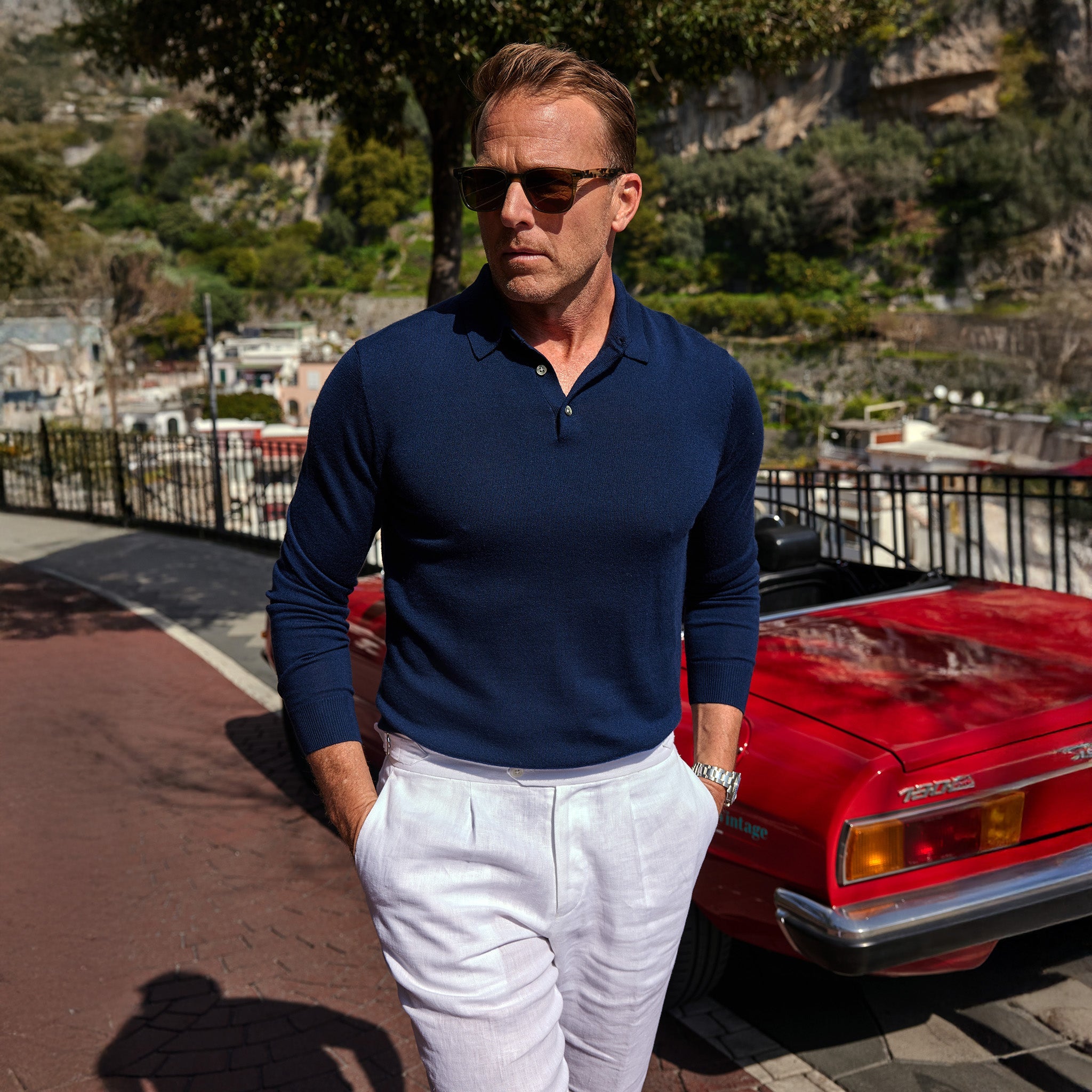 Bellagio Three Button Long Sleeve Merino Polo Navy