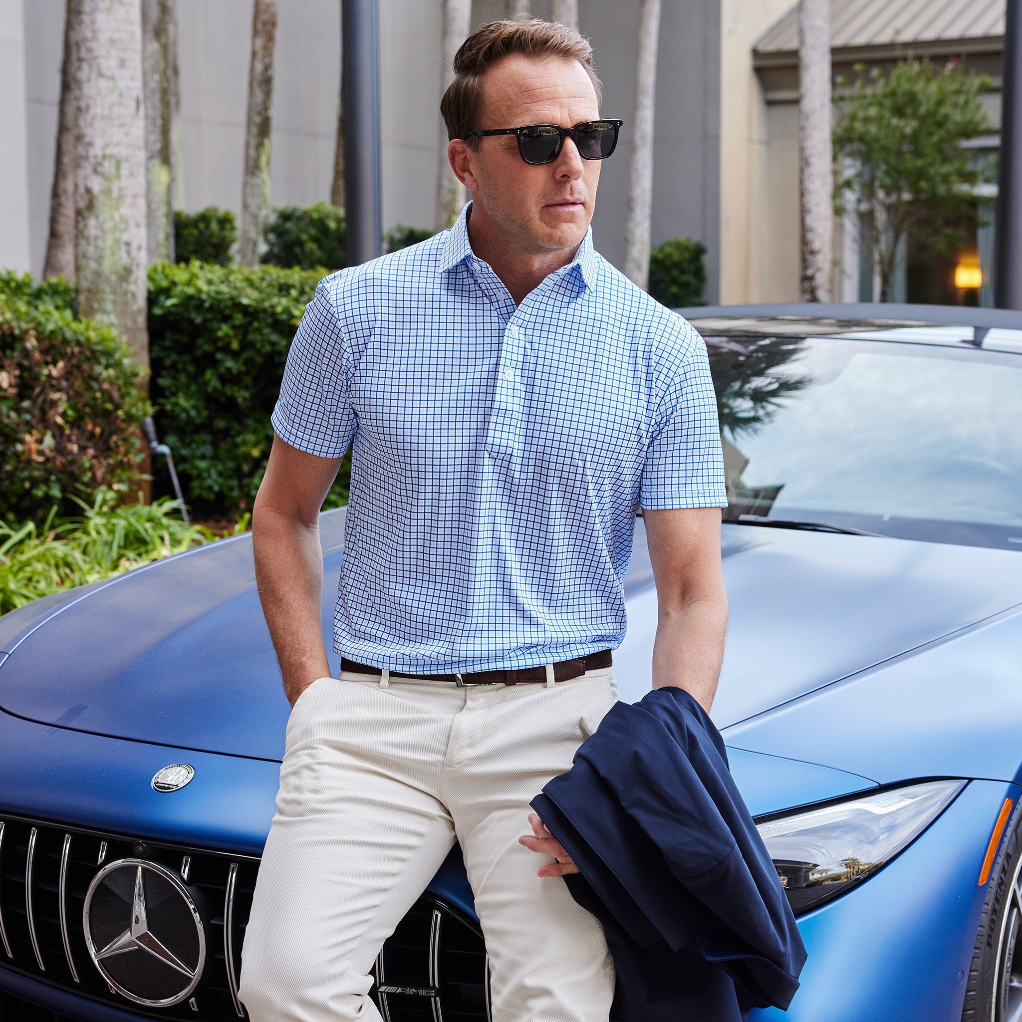 Semi-Spread Collar Polo Blue Tattersall Relaxed
