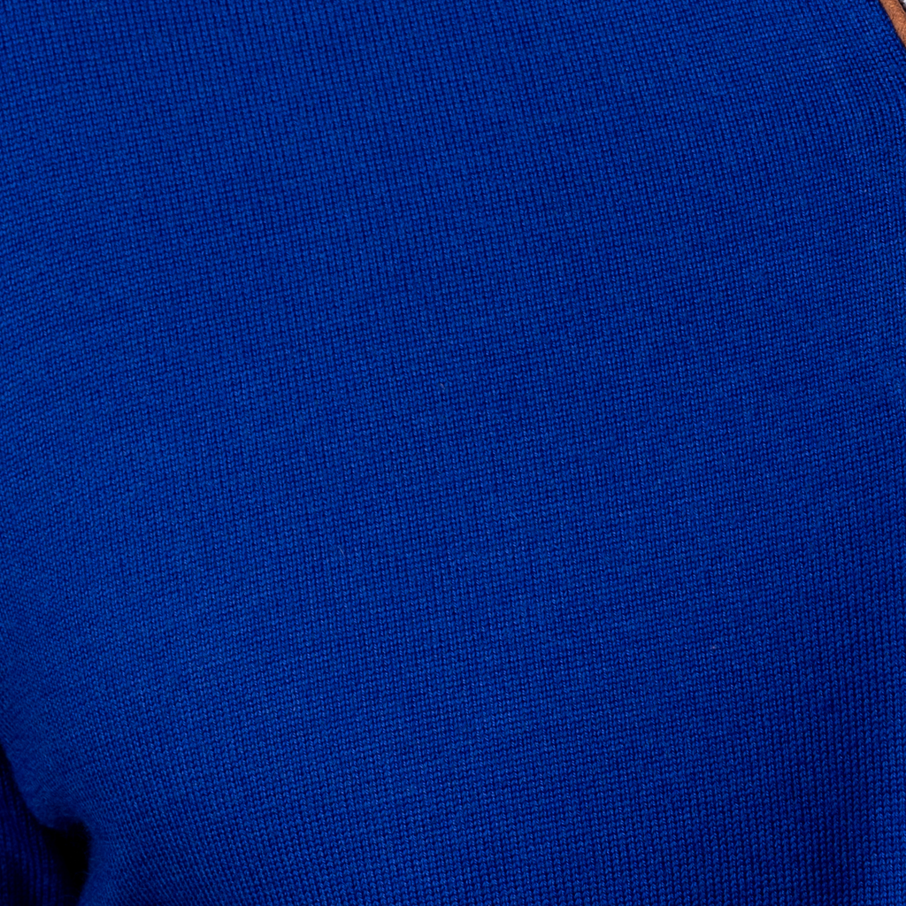 Royal Blue with Brown Suede Trim Cashmere Touch Australian Merino Quarter Zip Sweater