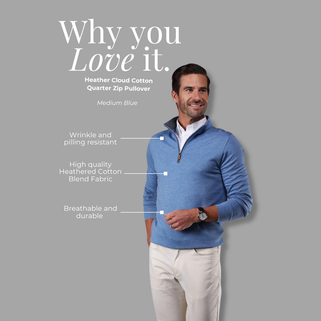 Heather Cloud Cotton Quarter Zip Medium Blue with Grey Trim