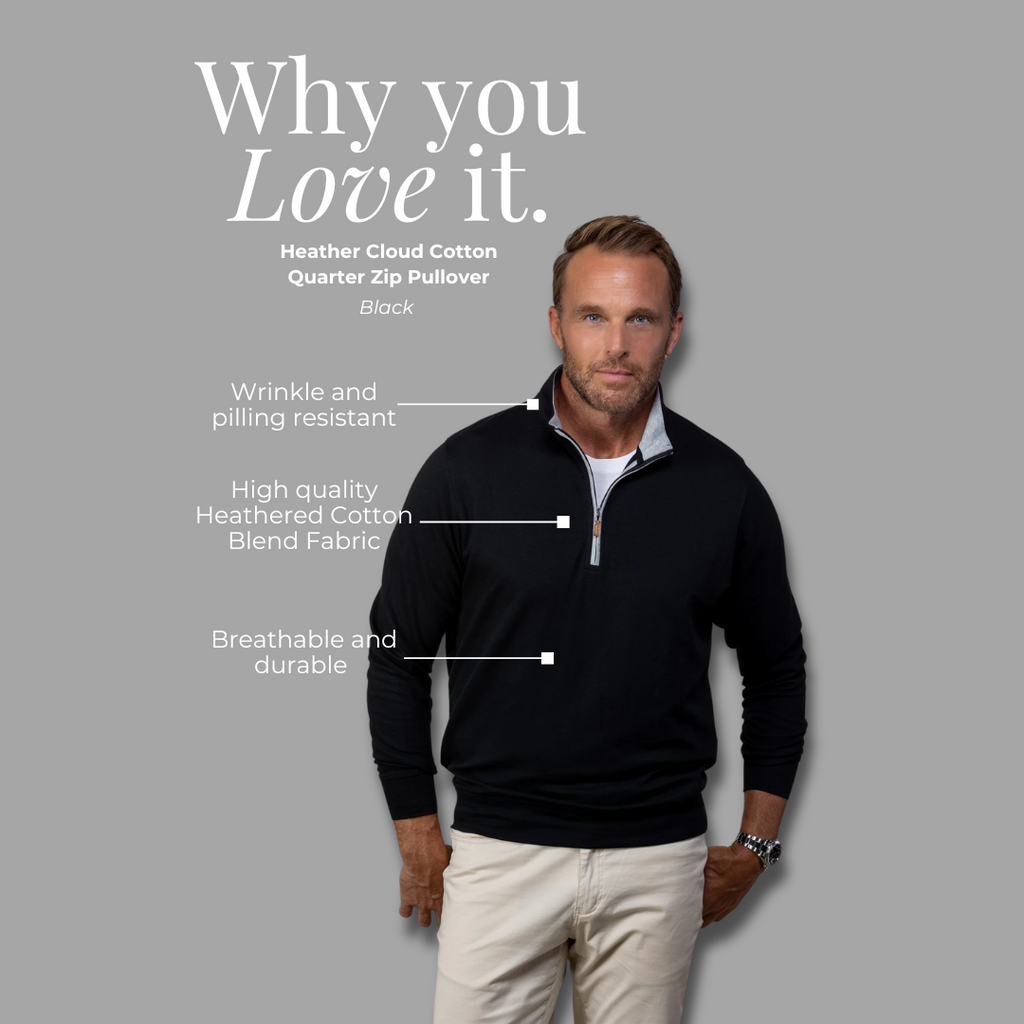 Heather Cloud Cotton Quarter Zip Black with Light Grey Trim