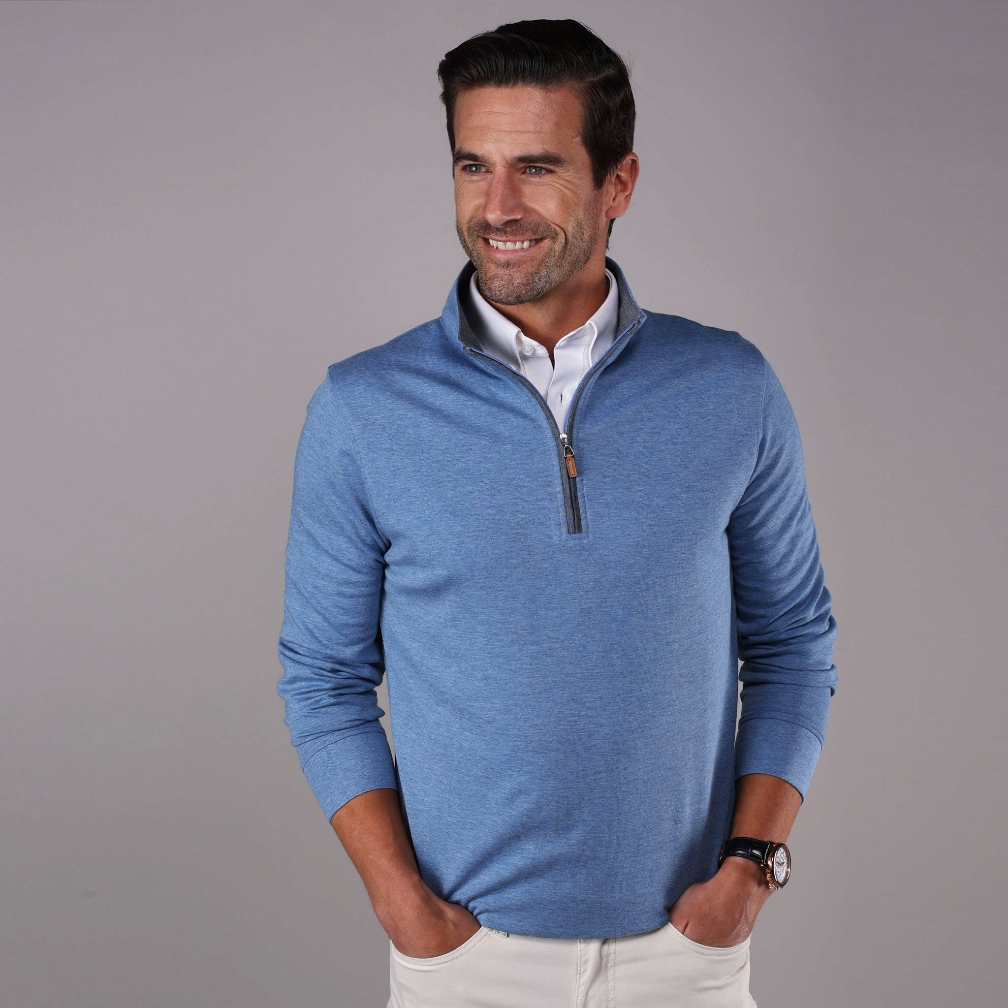 Heather Cloud Cotton Quarter Zip Medium Blue with Grey Trim