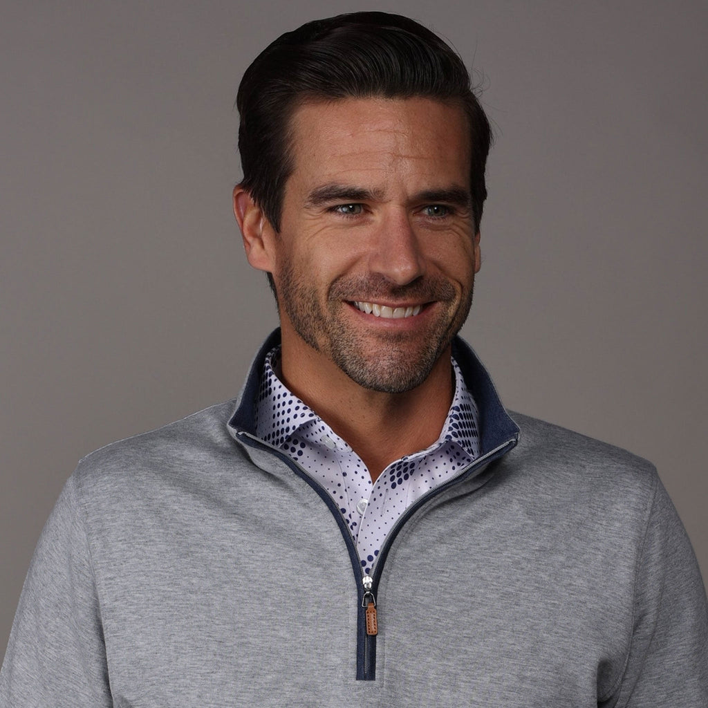 Heather Cloud Cotton Quarter Zip Light Grey with Navy Trim