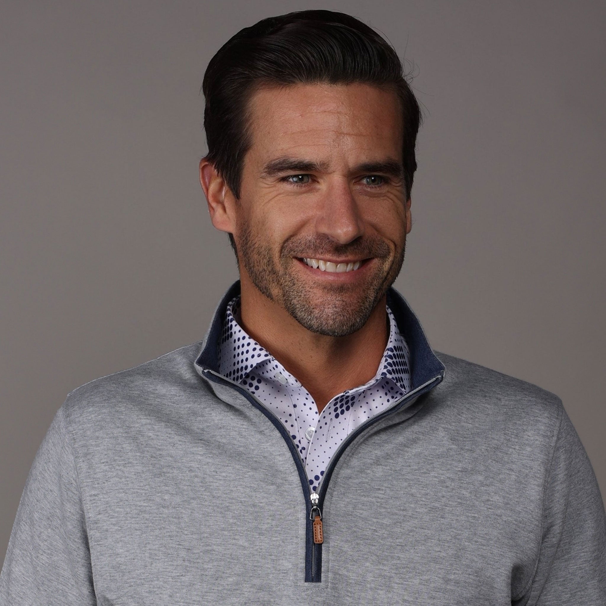 Heather Cloud Cotton Quarter Zip Light Grey with Navy Trim