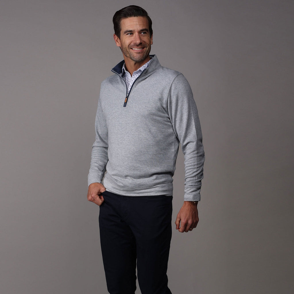 Heather Cloud Cotton Quarter Zip Light Grey with Navy Trim