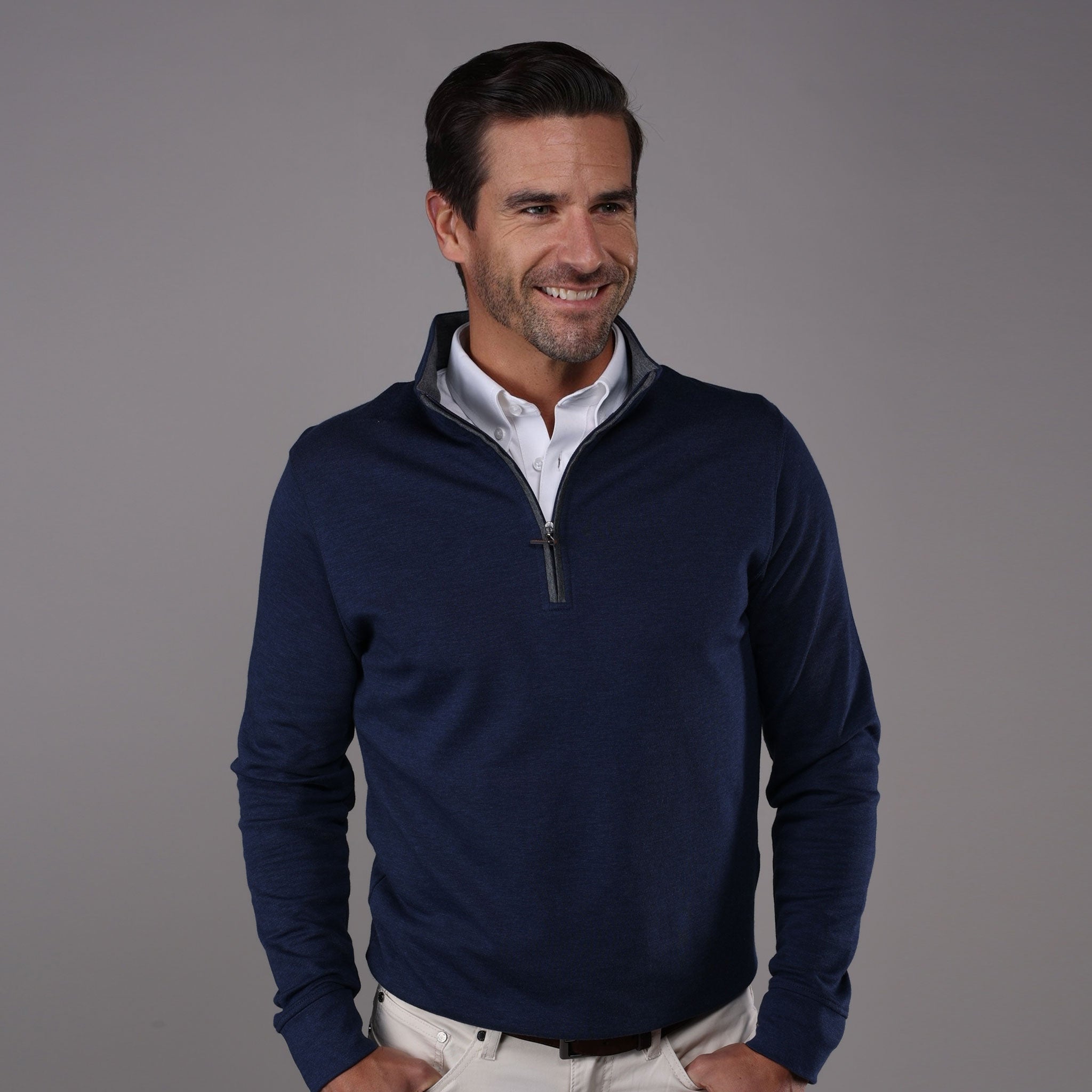 Heather Cloud Cotton Quarter Zip Navy with Grey Trim