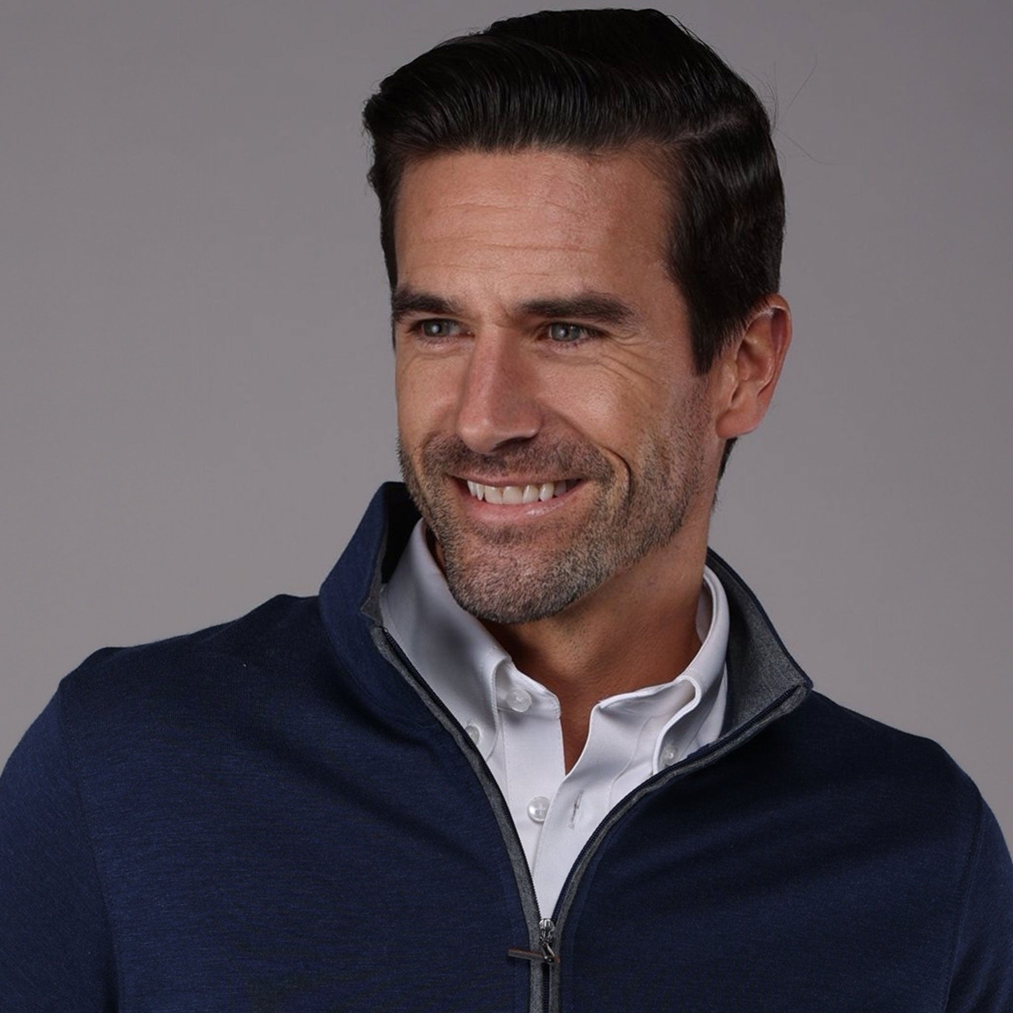 Heather Cloud Cotton Quarter Zip Navy with Grey Trim
