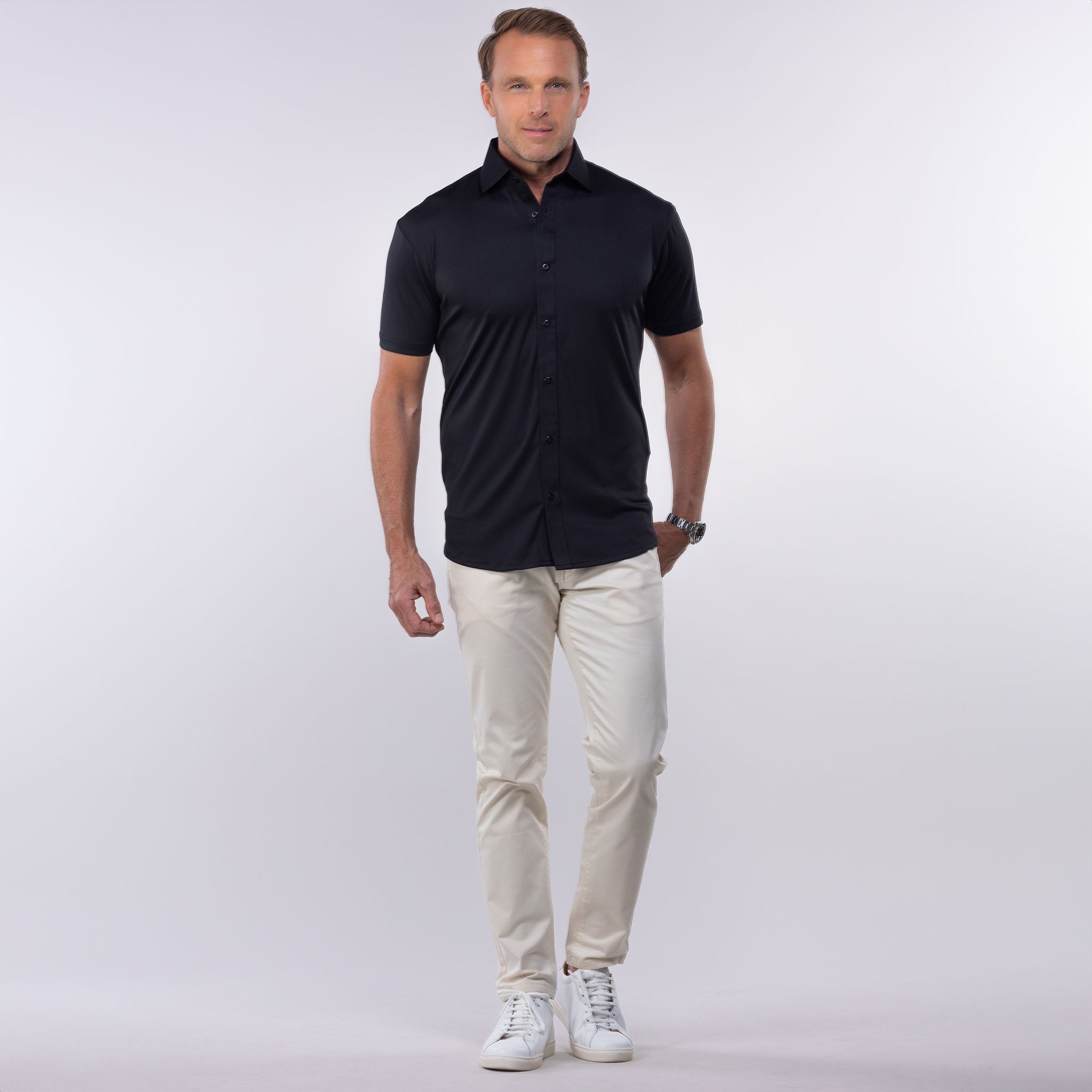 Quattro Flex Short Sleeve Button Down Black