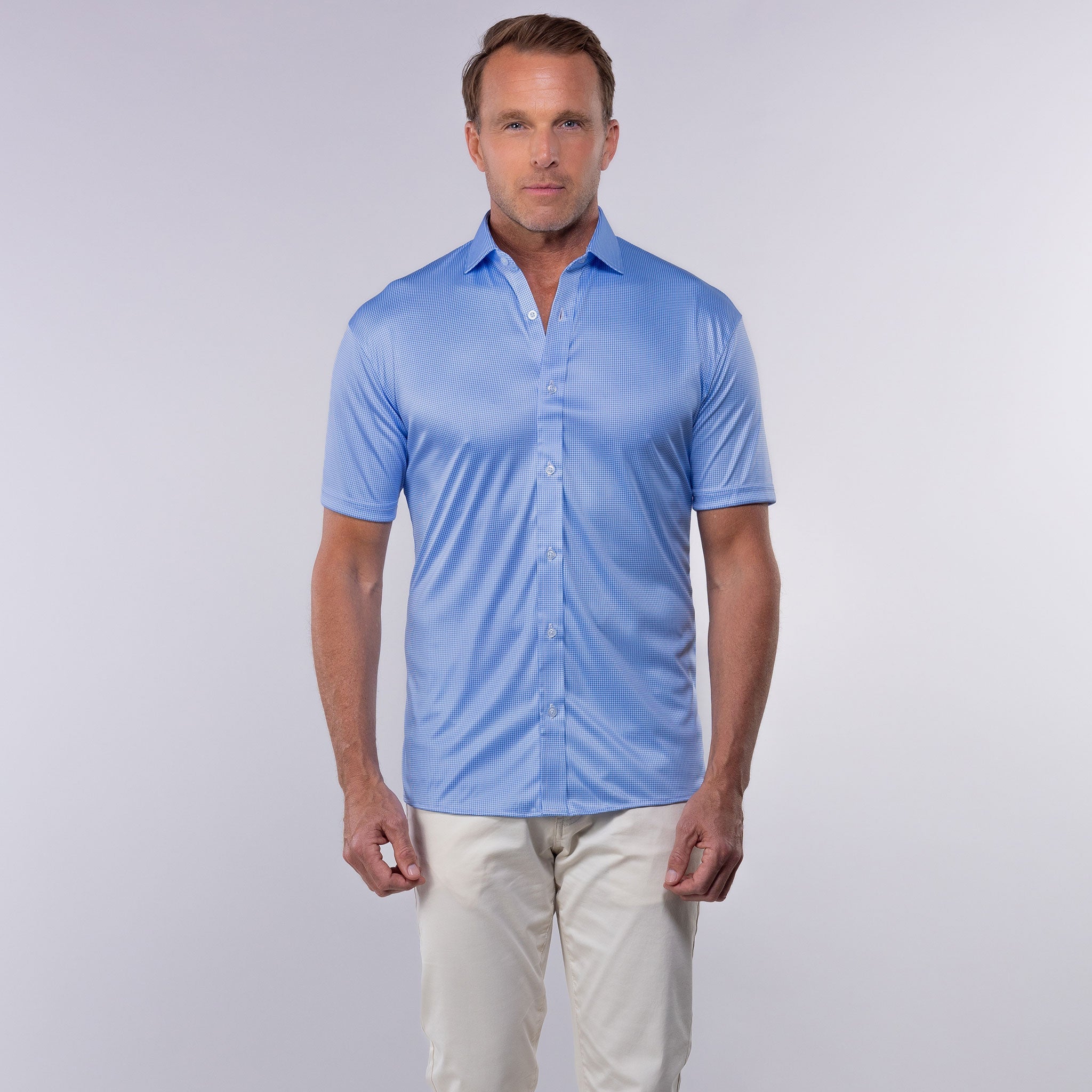 Quattro Flex Short Sleeve Button Down Blue Houndstooth