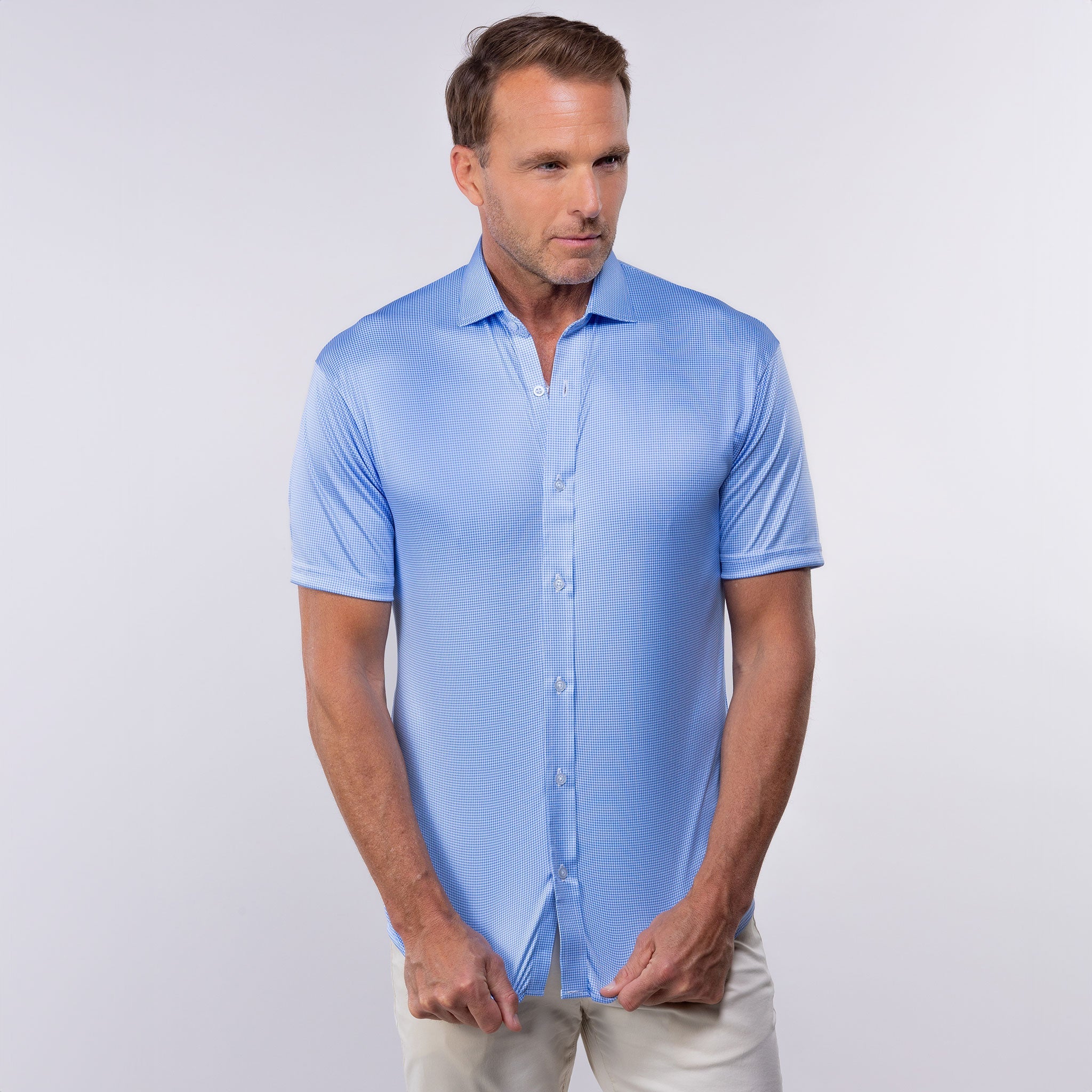 Quattro Flex Short Sleeve Button Down Blue Houndstooth
