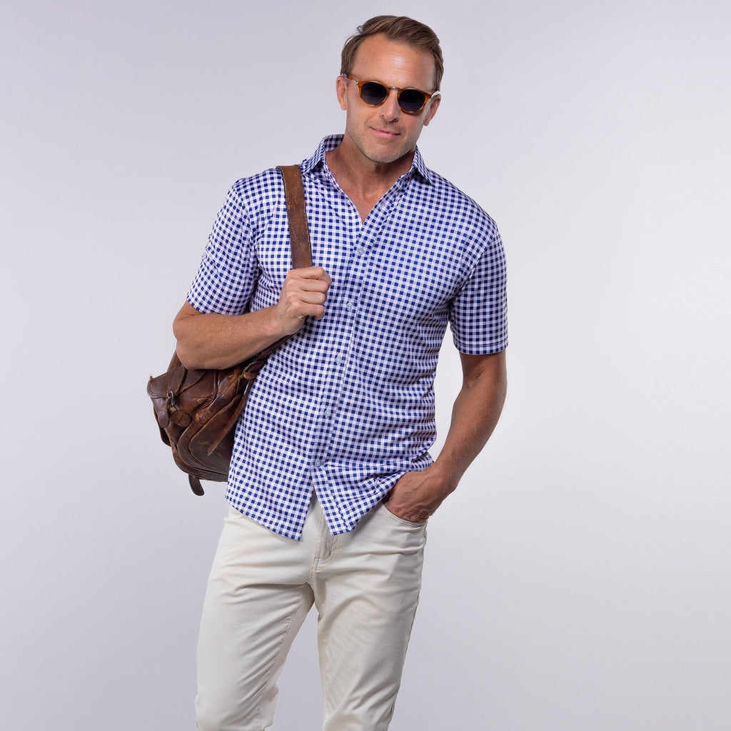 Quattro Flex Short Sleeve Button Down Navy Gingham