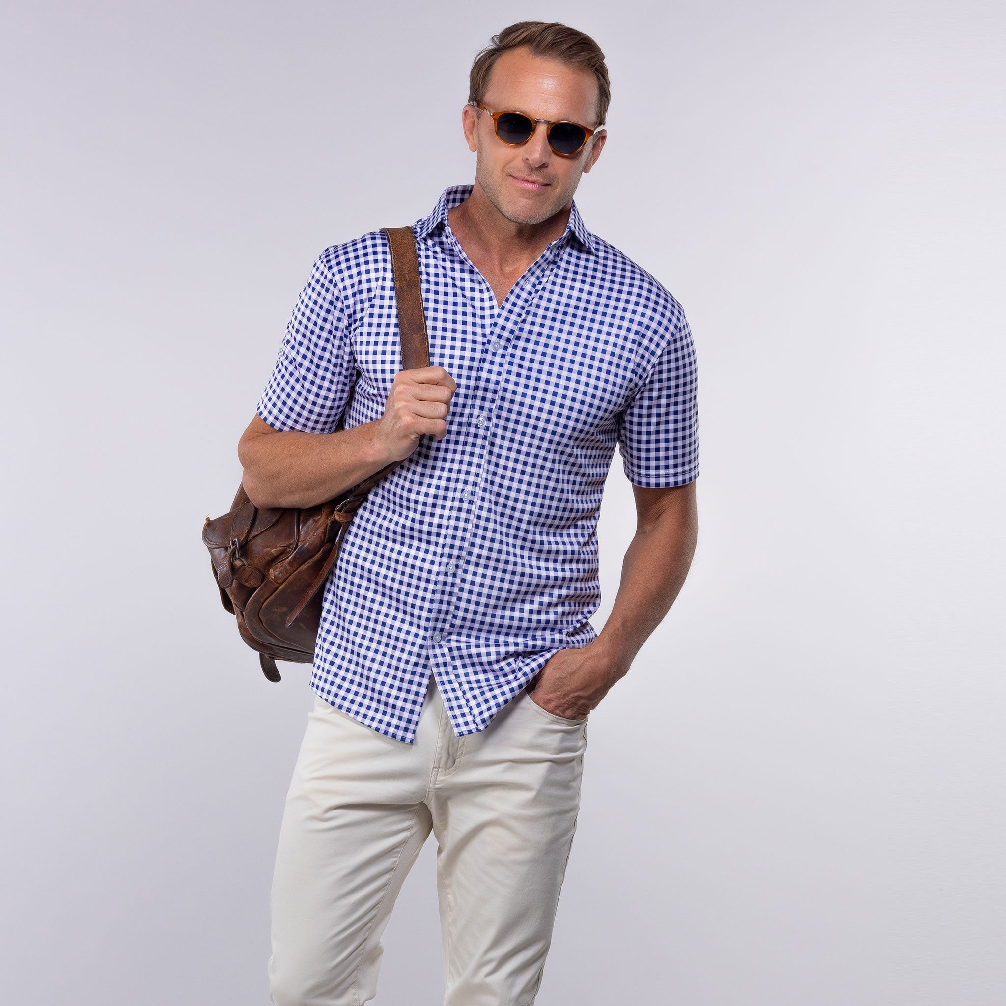 Quattro Flex Short Sleeve Button Down Navy Gingham