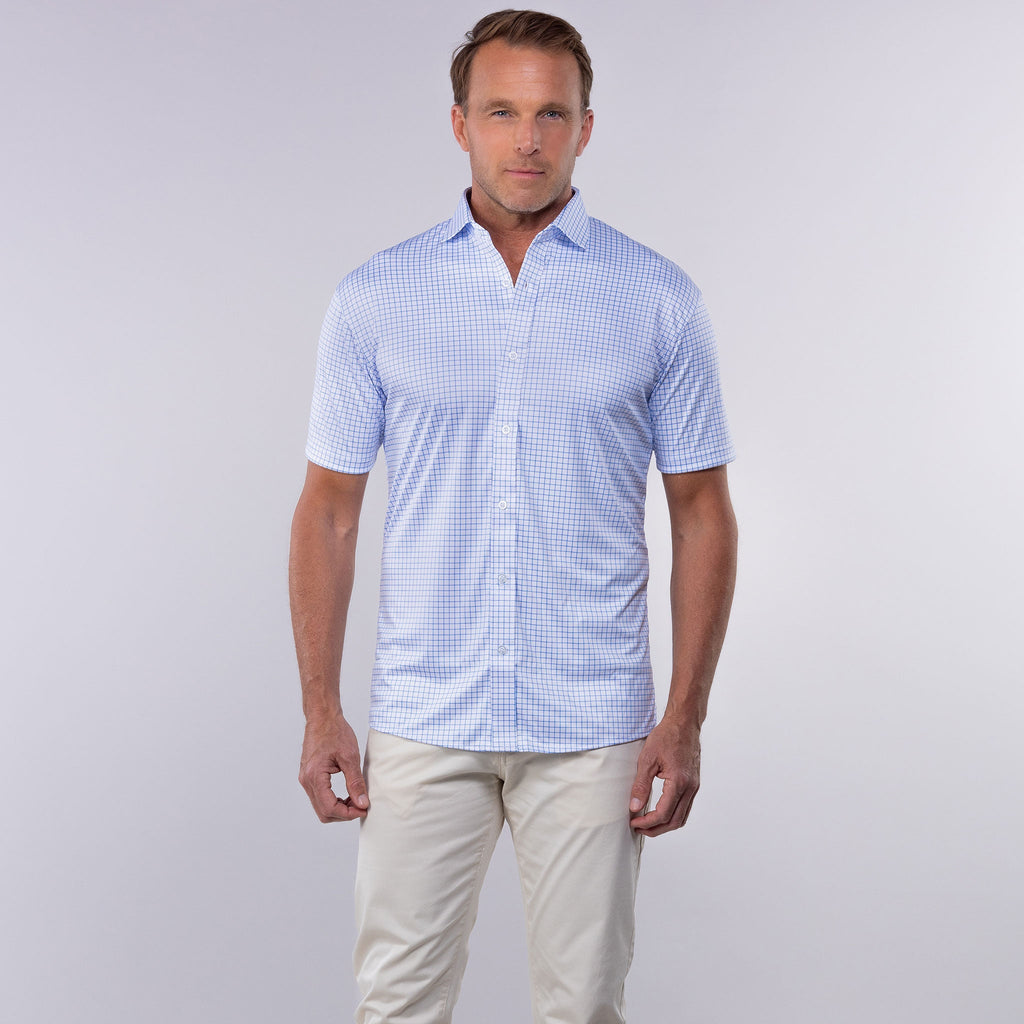 Quattro Flex Short Sleeve Button Down Thin Blue Check