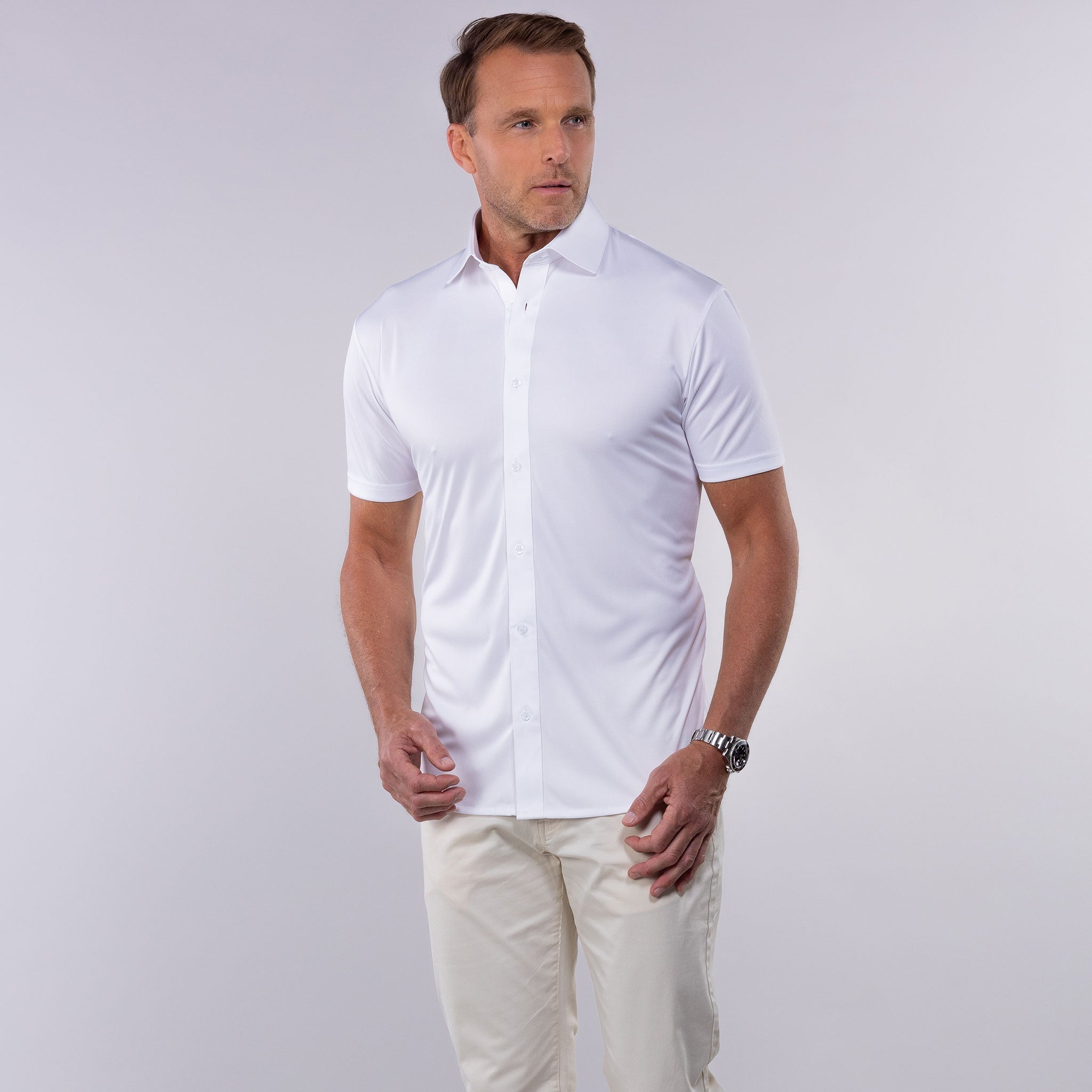 Quattro Flex Short Sleeve Button Down White