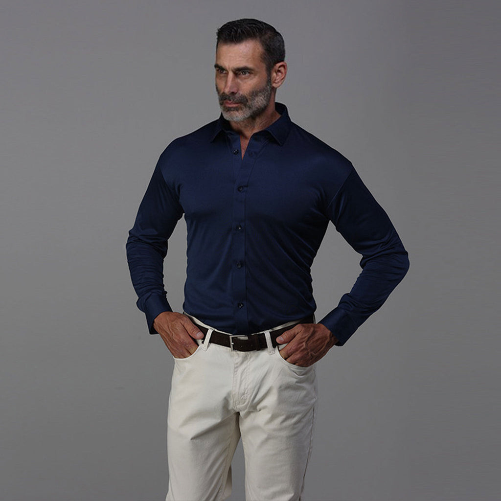 Quattro Flex Dress Shirt with Semi-Spread Collar Navy