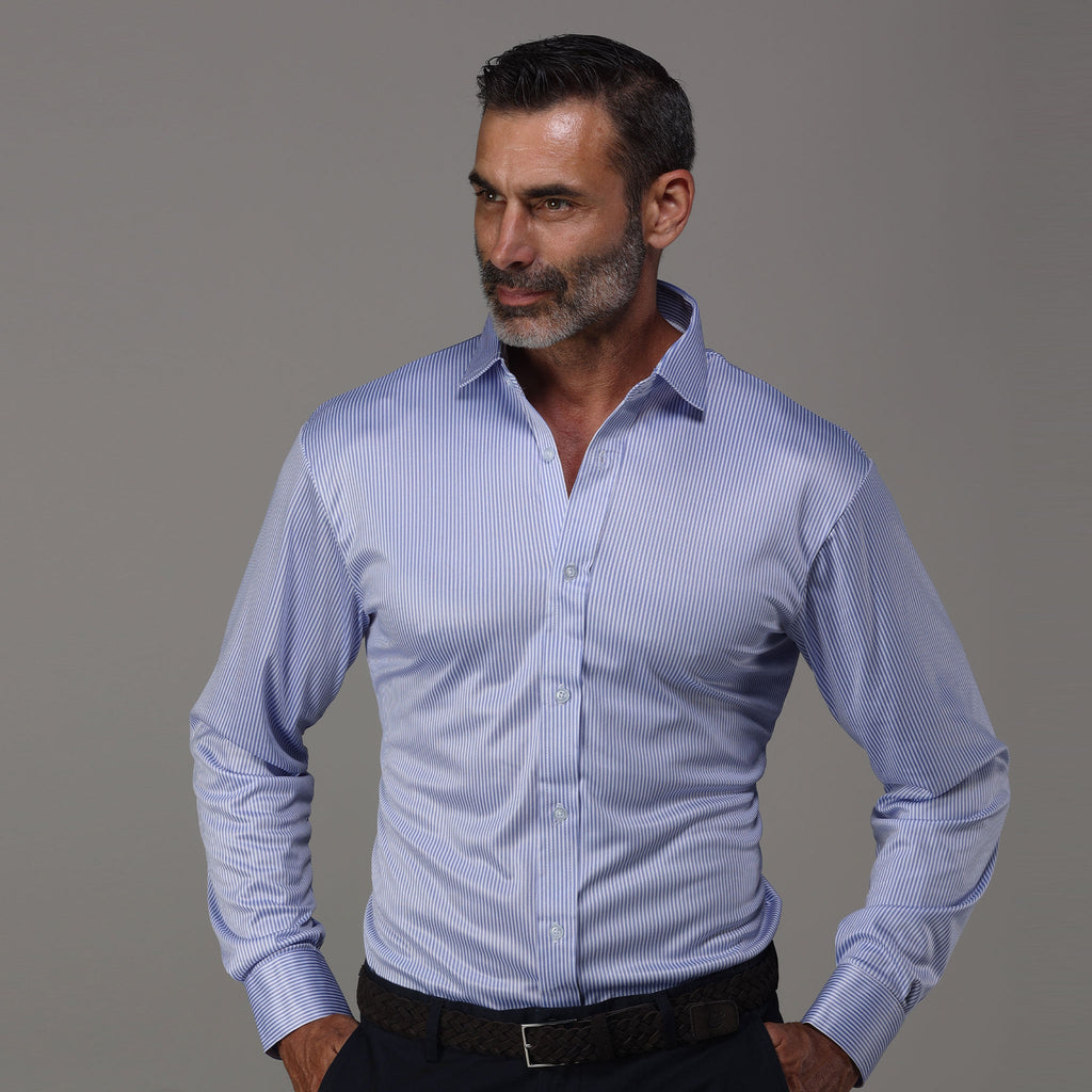 Quattro Flex Dress Shirt with Semi-Spread Collar Regent Blue Stripe