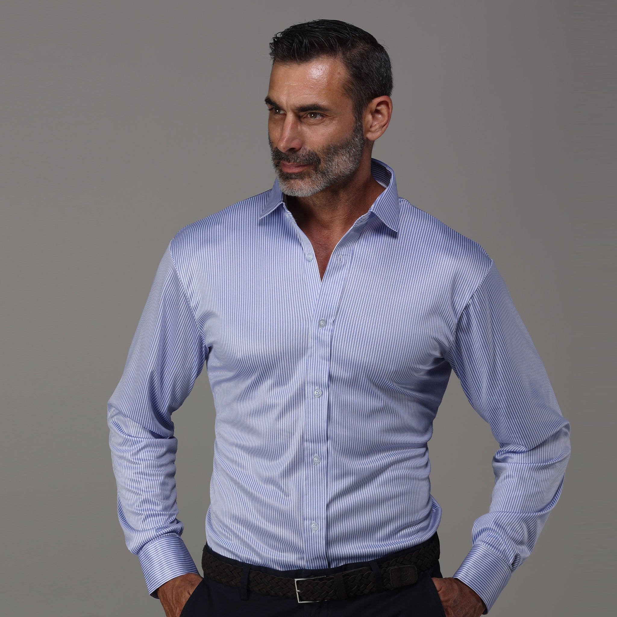 Quattro Flex Dress Shirt with Semi-Spread Collar Regent Blue Stripe