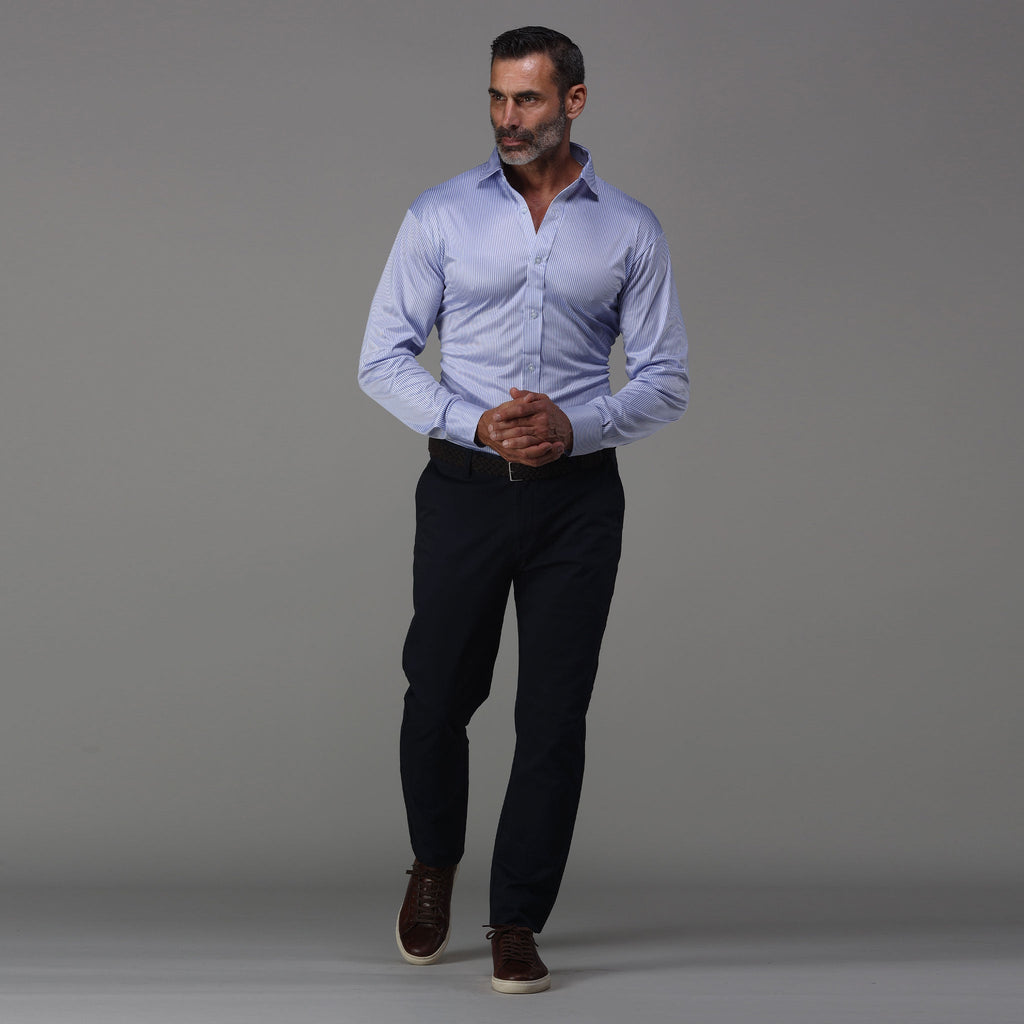 Quattro Flex Dress Shirt with Semi-Spread Collar Regent Blue Stripe