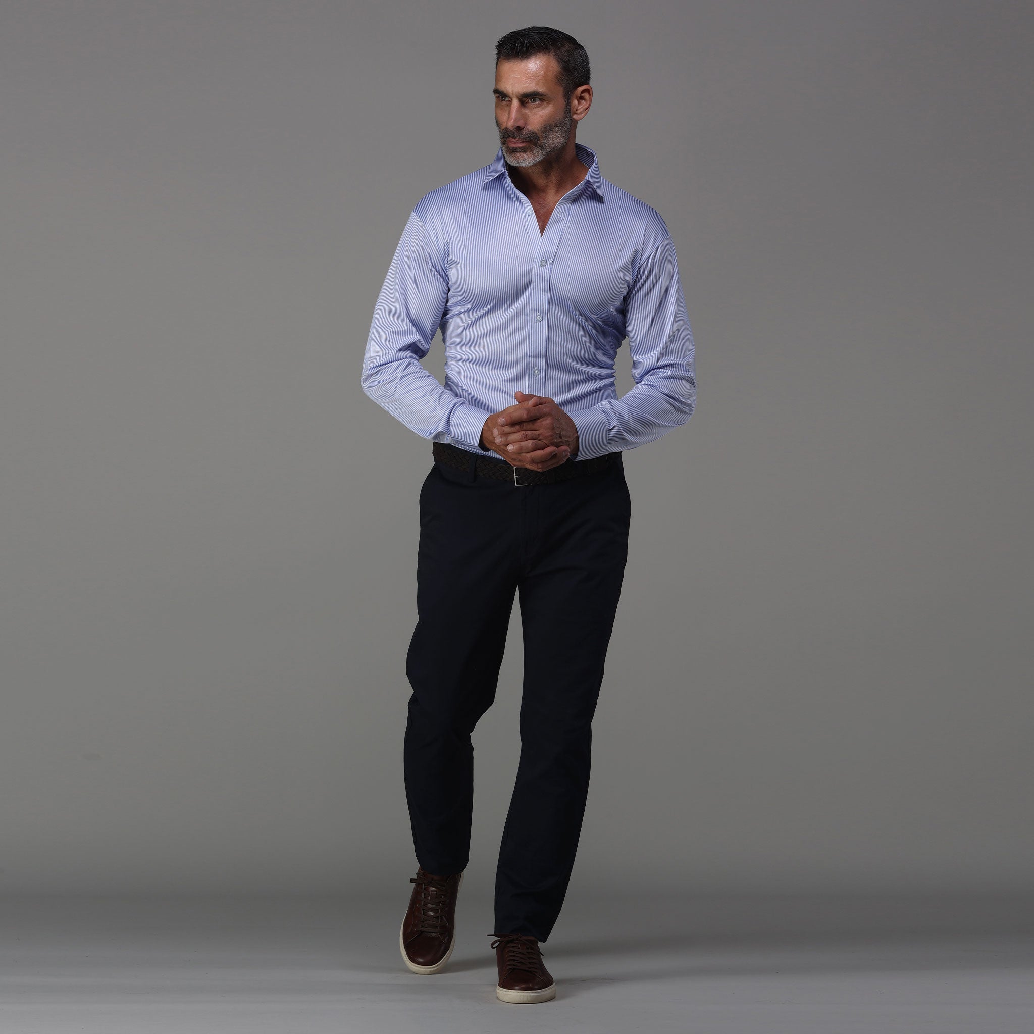 Quattro Flex Dress Shirt with Semi-Spread Collar Regent Blue Stripe