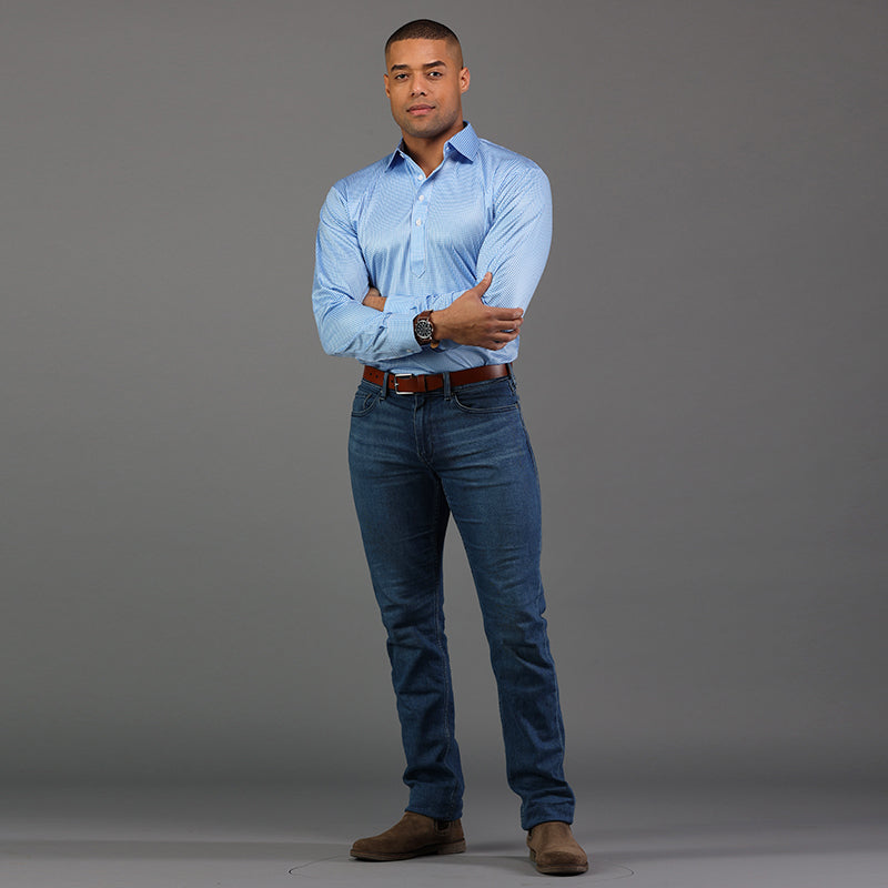 Long Sleeve Semi-Spread Collar Polo Light Blue Micro Gingham