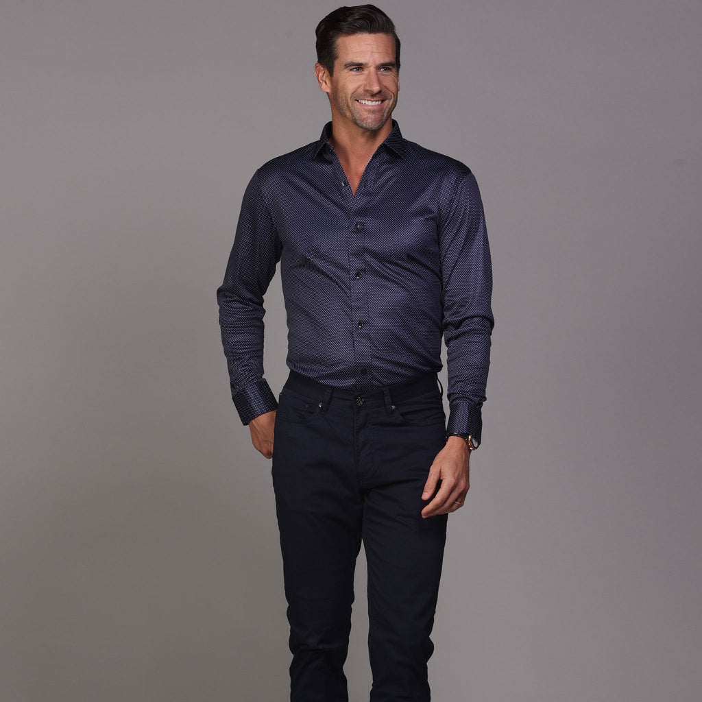 Quattro Flex Dress Shirt with Semi-Spread Collar Midnight Micro Dot