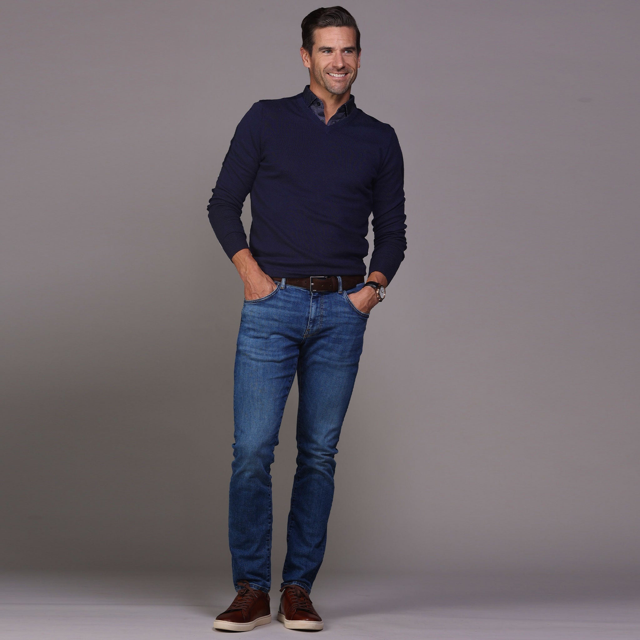 Navy Luxury Touch Cotton and Cashmere V-Neck Sweater