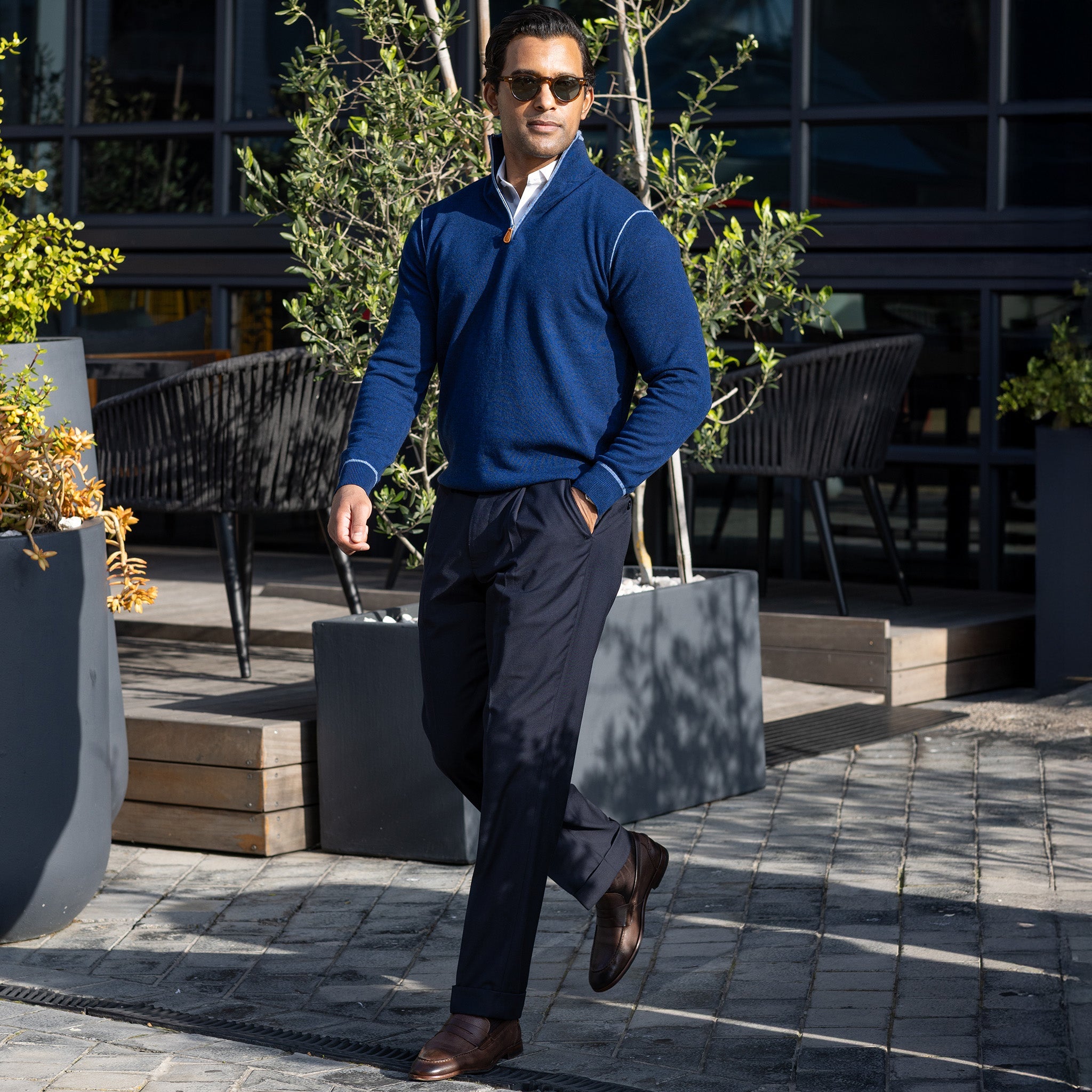 Napoli Accent Quarter Zip Wool & Cashmere Sweater Navy