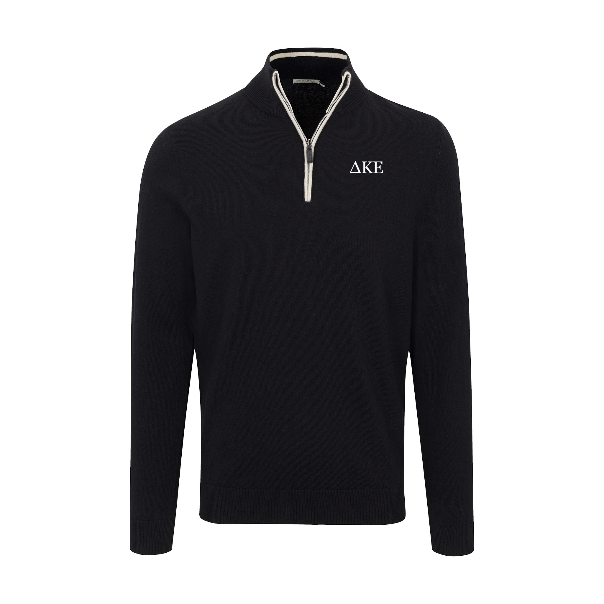 Collars & Co. Delta Kappa Epsilon Black with White Trim Luxury Touch Cotton and Cashmere Quarter Zip Sweater