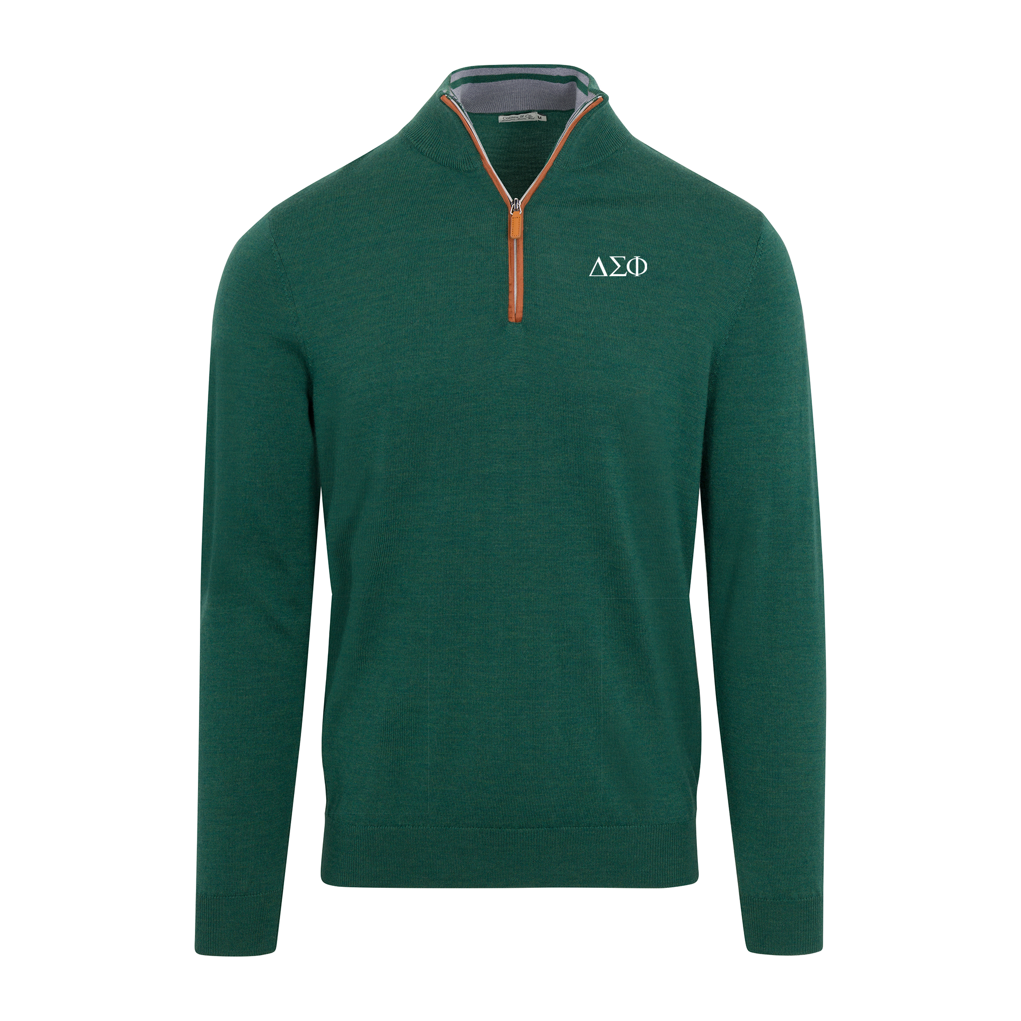 Collars & Co. Delta Sigma Phi Hunter Green with Brown Suede Trim Cashmere Touch Australian Merino Quarter Zip Sweater