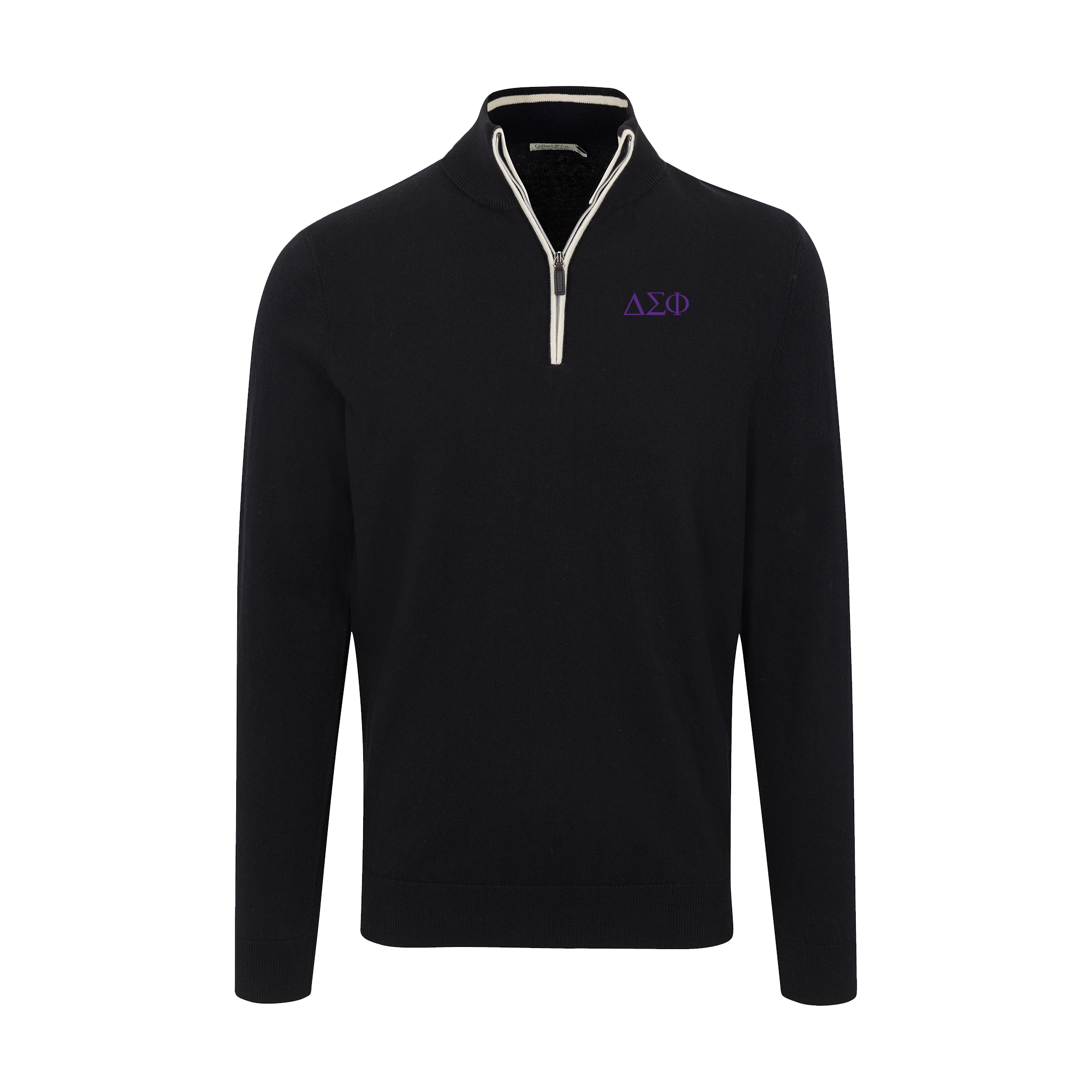 Collars & Co. Delta Sigma Phi Black with White Trim Luxury Touch Cotton and Cashmere Quarter Zip Sweater