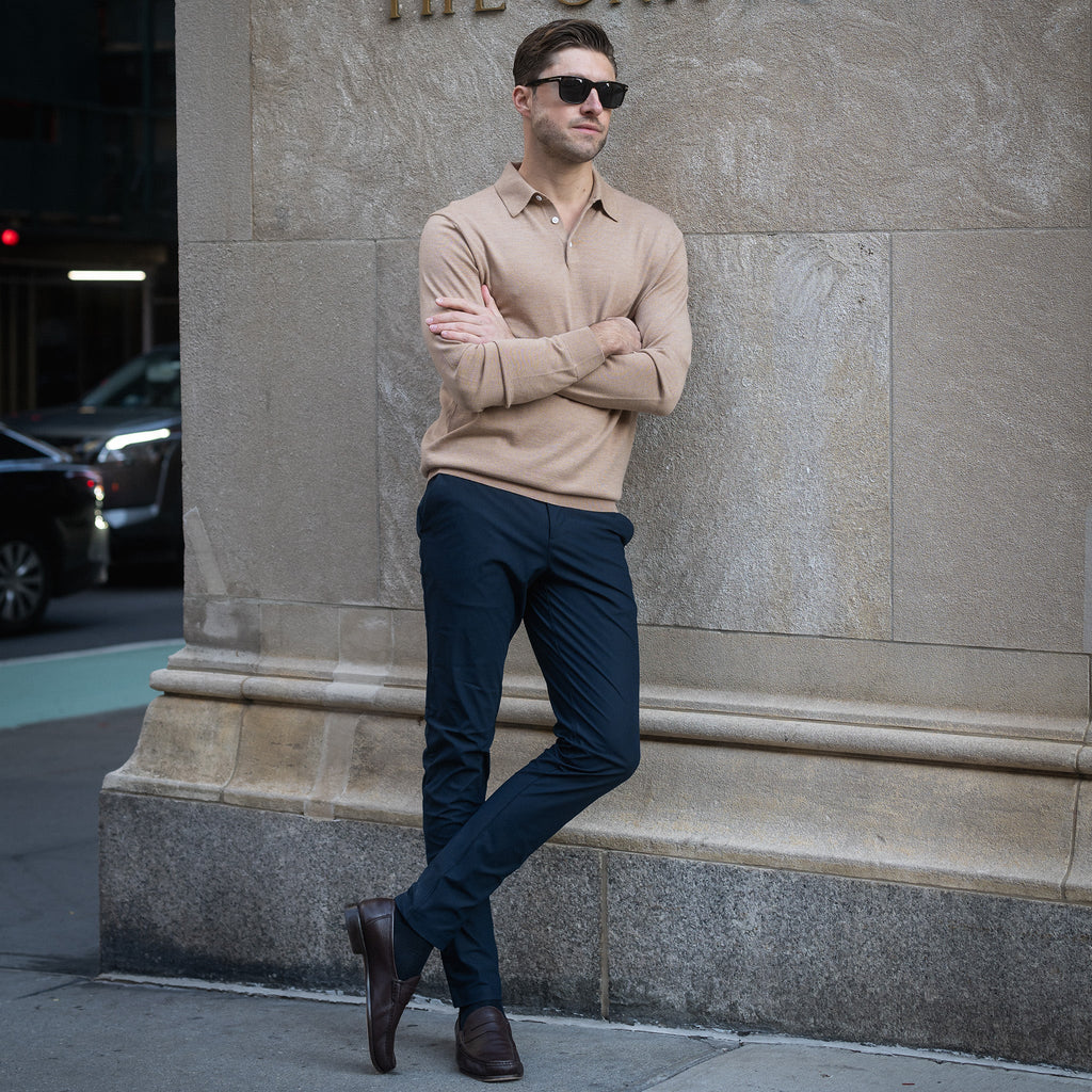 Bellagio Three Button Long Sleeve Merino Polo Camel