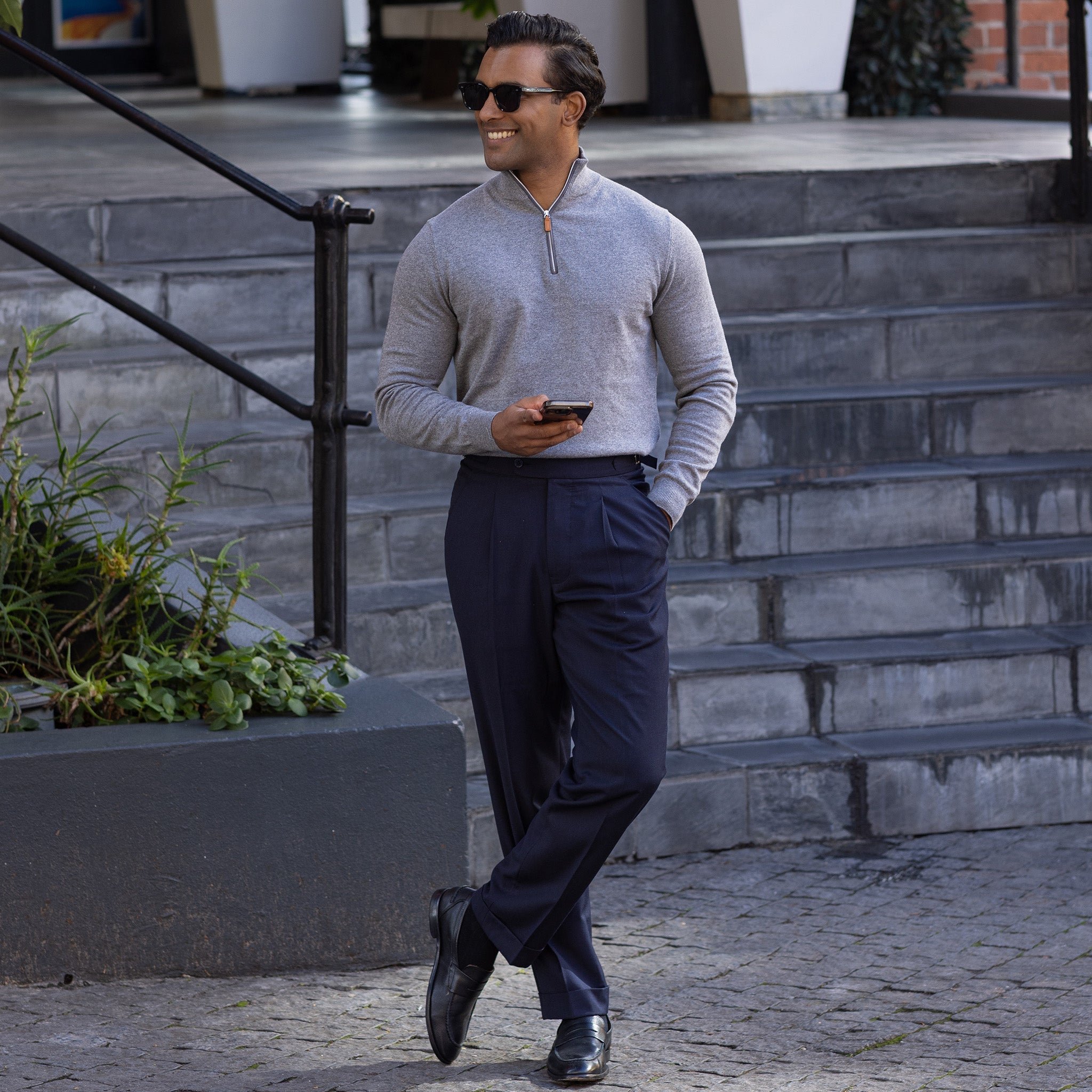 Grey with Grey Trim Luxury Touch Cotton and Cashmere Quarter Zip Sweater