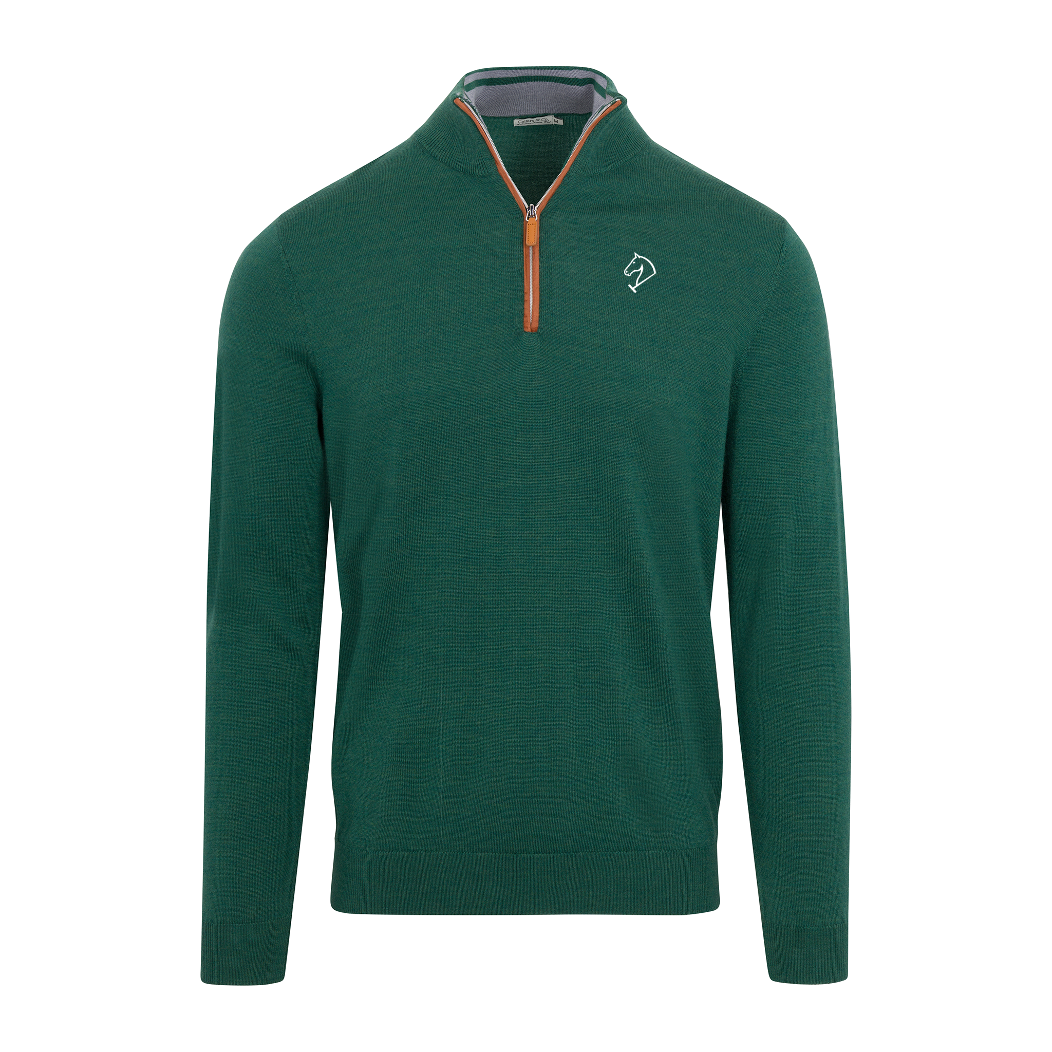 Greenwich Sound Polo Hunter Green with Brown Suede Trim Cashmere Touch Australian Merino Quarter Zip Sweater