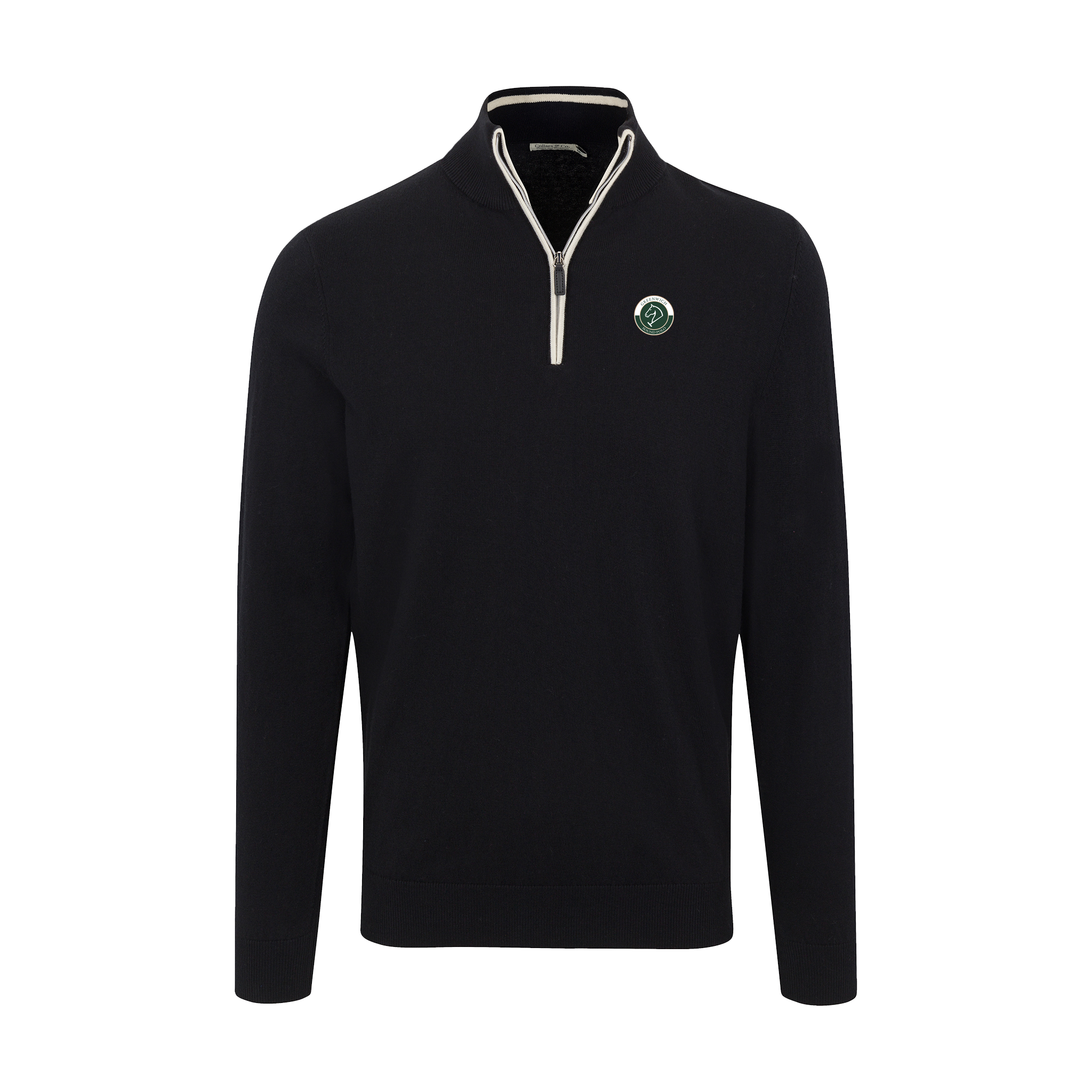 Greenwich Sound Polo Black with White Trim Luxury Touch Cotton and Cashmere Quarter Zip Sweater