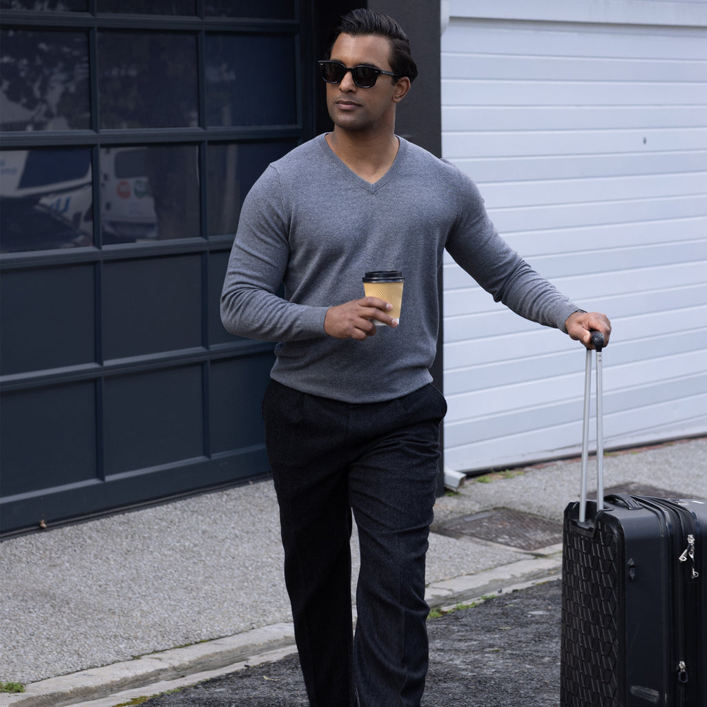 Grey Luxury Touch Cotton and Cashmere V-Neck Sweater
