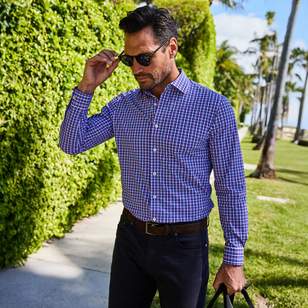 Apex Performance Dress Shirt Semi-Spread Collar Purple and Blue Tattersall