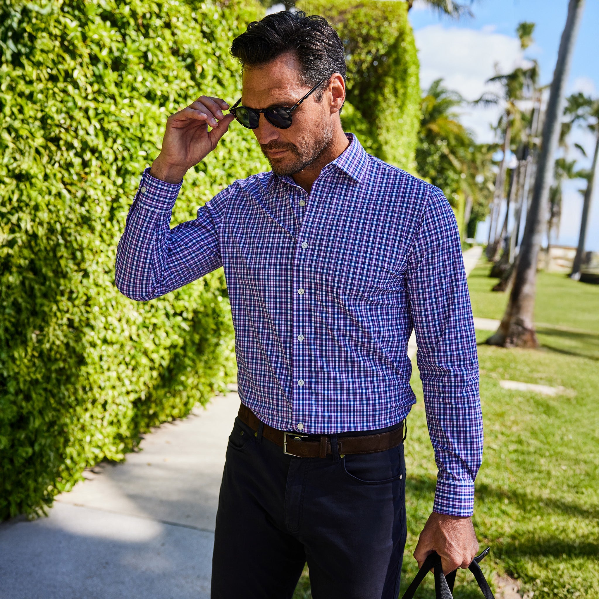 Apex Performance Dress Shirt Semi-Spread Collar Purple and Blue Tattersall