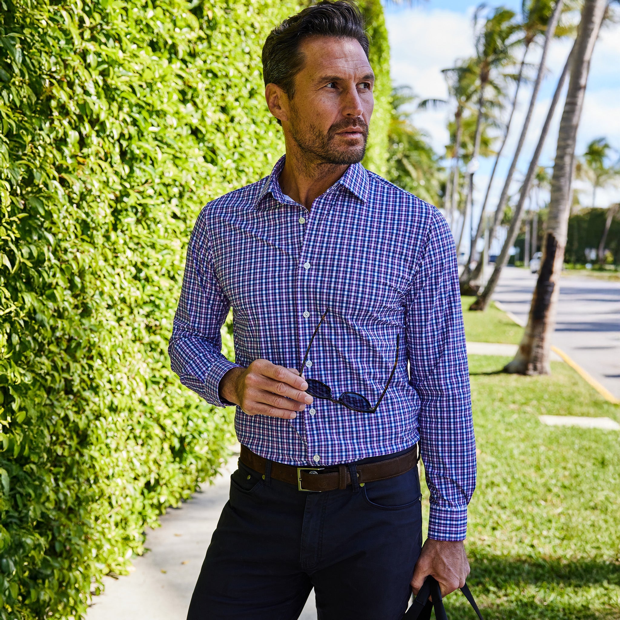 Apex Performance Dress Shirt Semi-Spread Collar Purple and Blue Tattersall